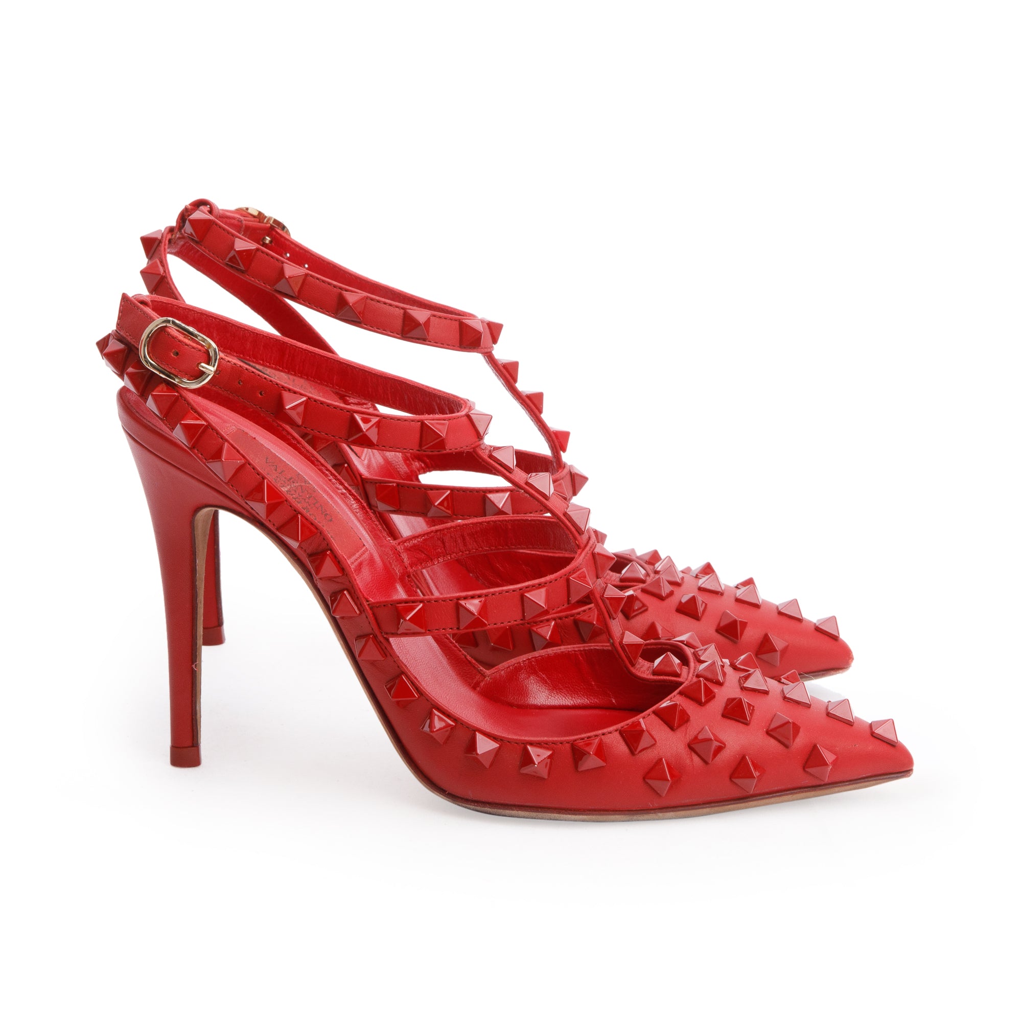 Valentino Red Leather Rockstud Ankle Strap Pumps, Size 36.5 w/ Box
