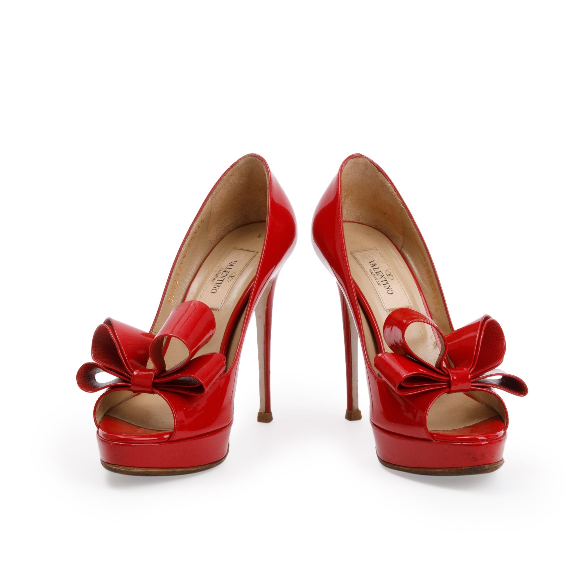 Valentino Red Patent Leather Couture Bow Peep Toe Platform Pumps, Size 36 w/ Box