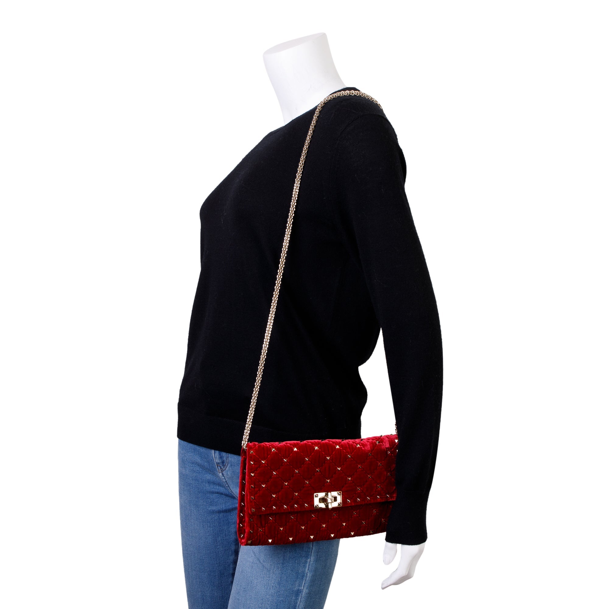 Valentino Red Velvet Rockstud Spike Wallet On Chain