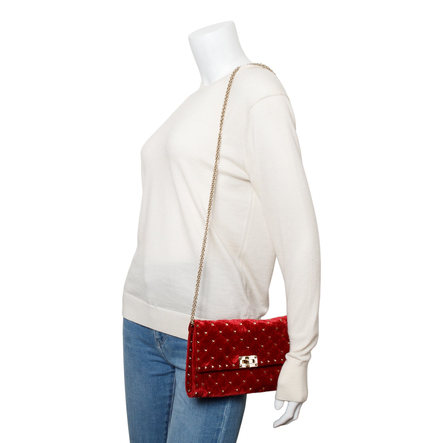 Valentino Red Velvet Rockstud Spike Wallet On Chain