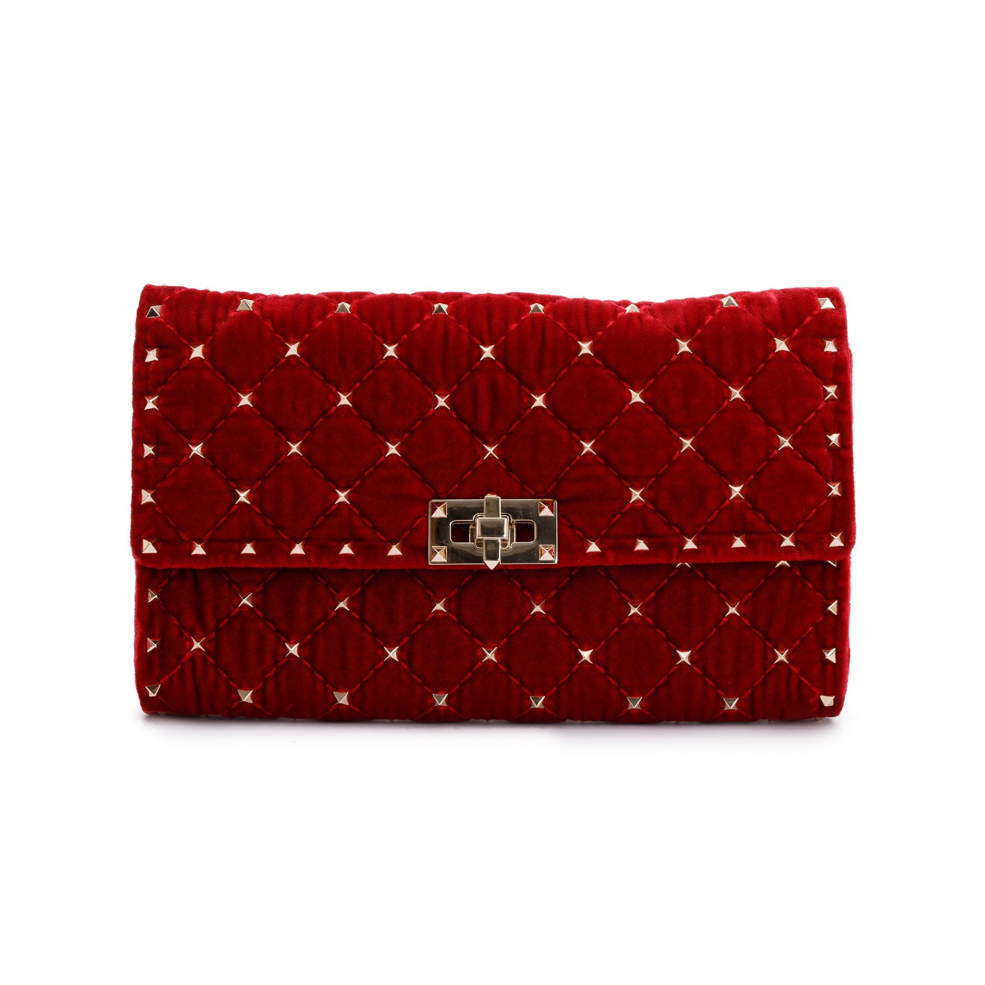 Valentino Red Velvet Rockstud Spike Wallet On Chain