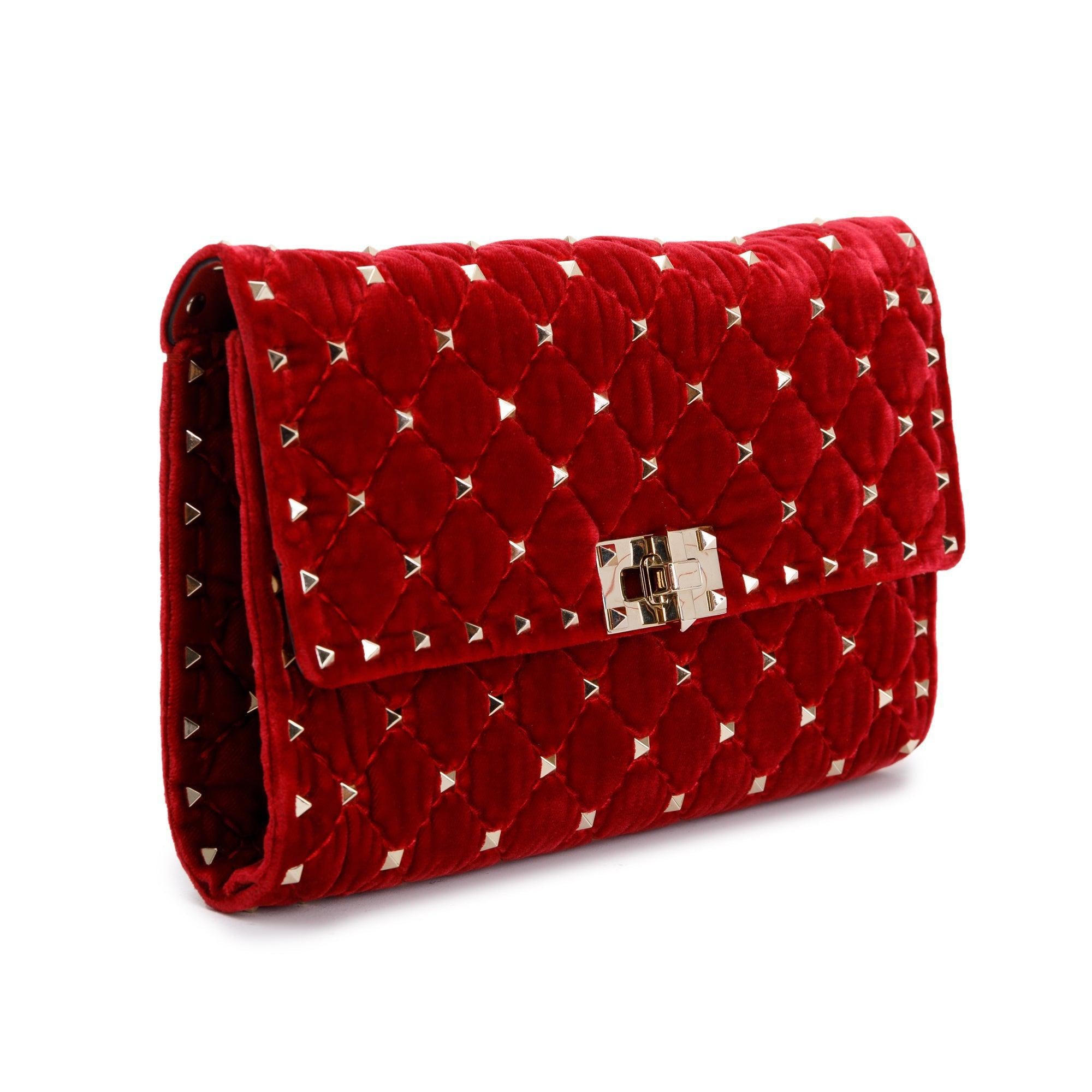 Valentino Red Velvet Rockstud Spike Wallet On Chain