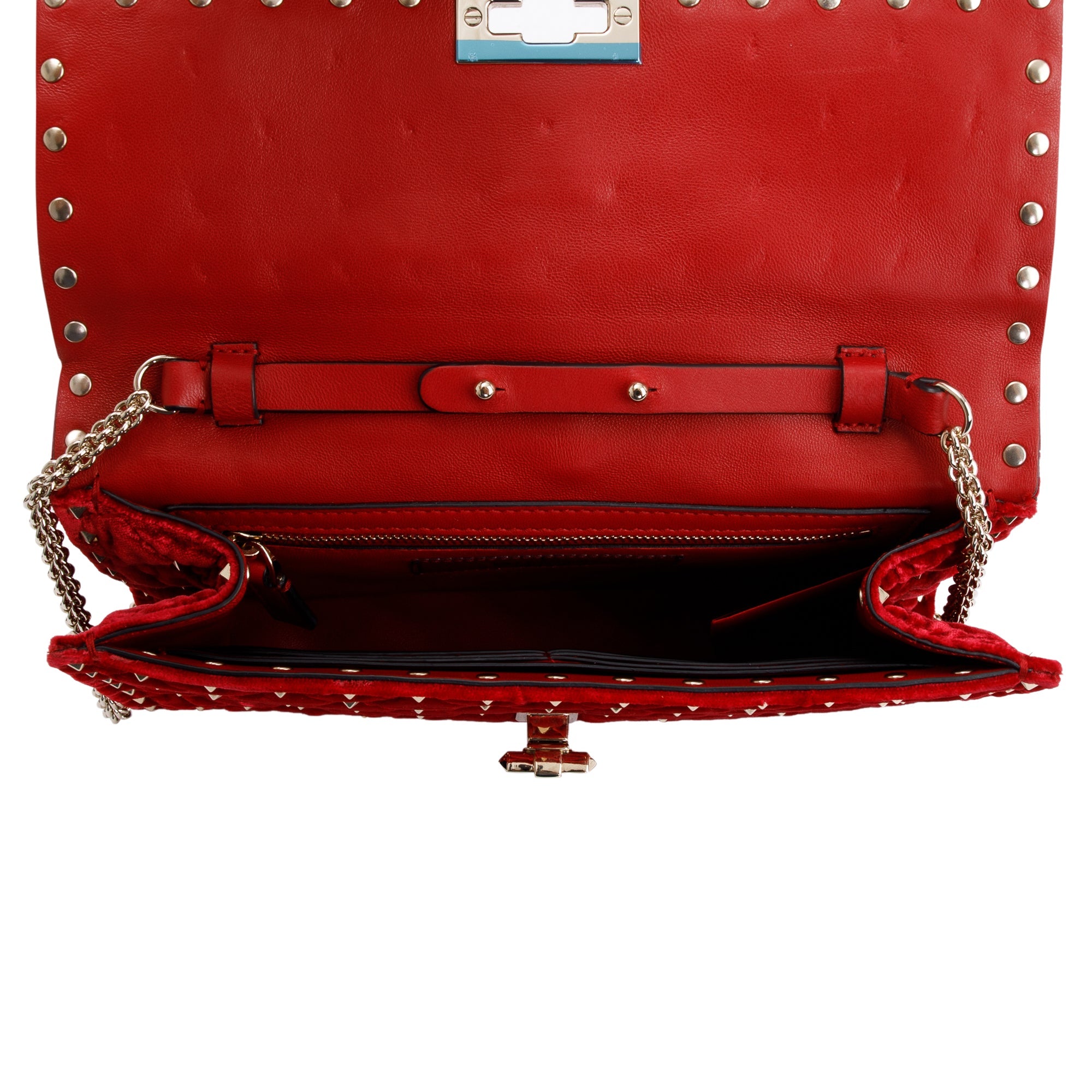 Valentino Red Velvet Rockstud Spike Wallet On Chain