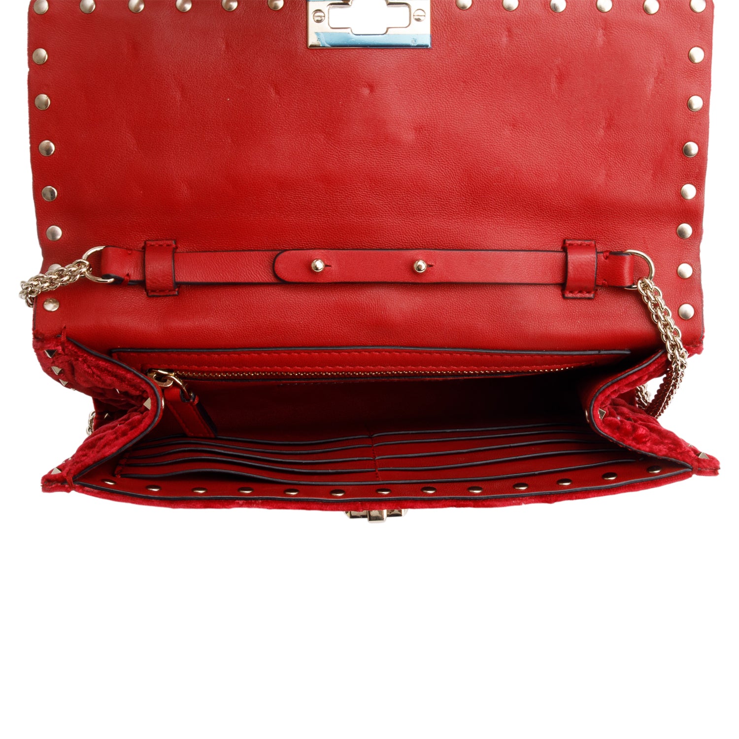 Valentino Red Velvet Rockstud Spike Wallet On Chain
