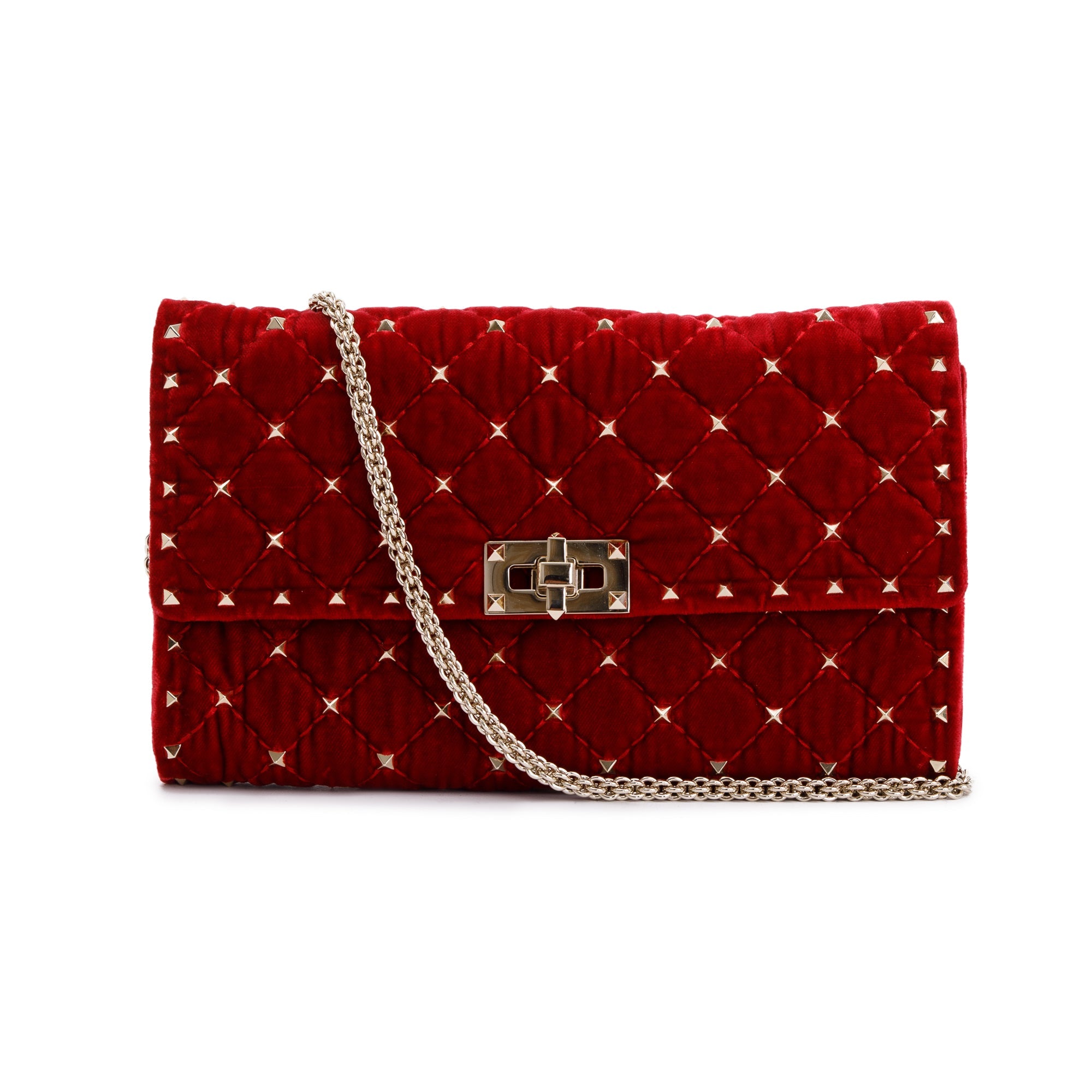 Valentino Red Velvet Rockstud Spike Wallet On Chain