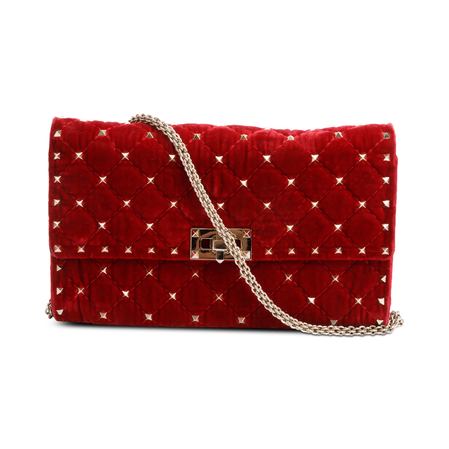 Valentino Red Velvet Rockstud Spike Wallet On Chain