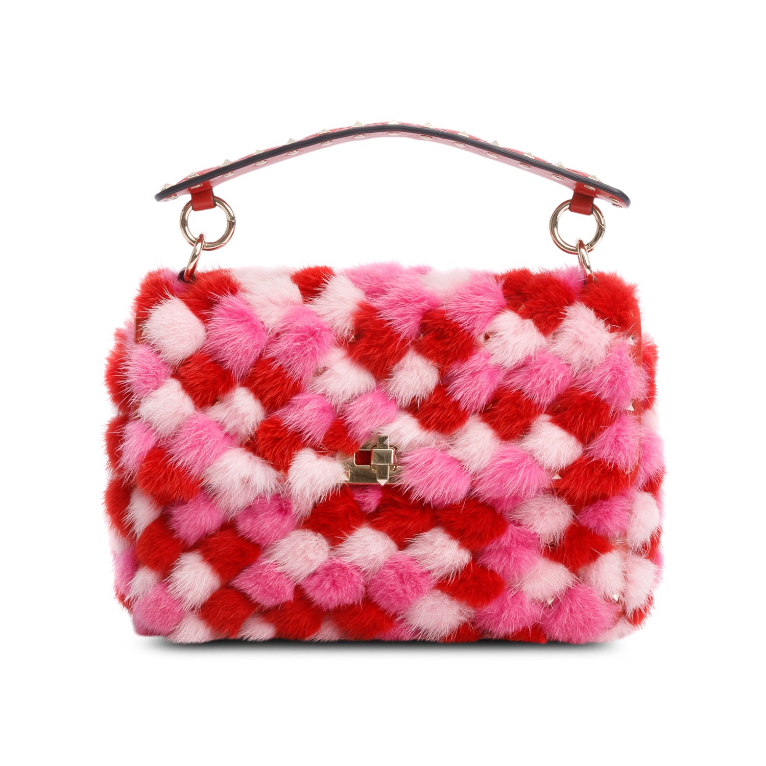 Valentino Red/Pink Leather Mink Spike Rockstud Spike Flap Shoulder Bag w/ Strap