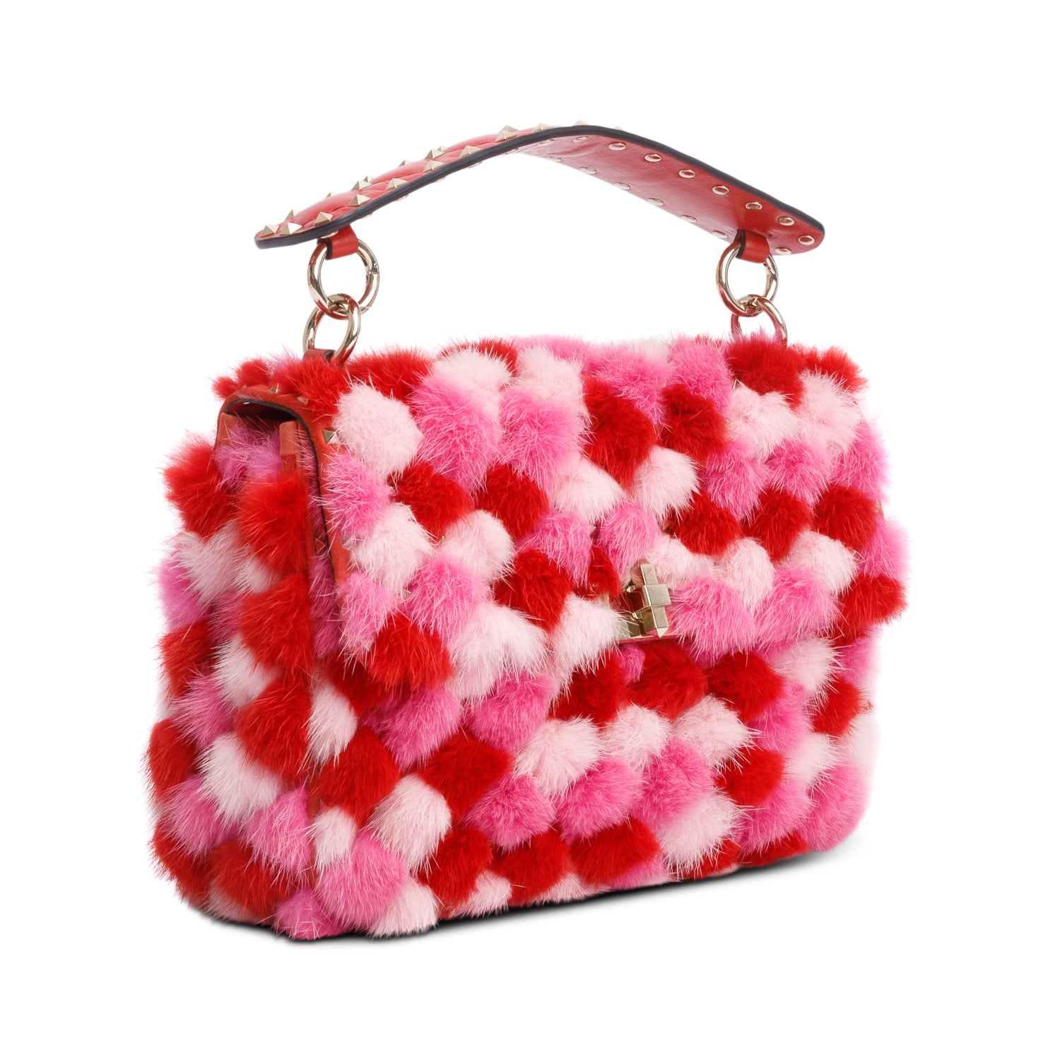 Valentino Red/Pink Leather Mink Spike Rockstud Spike Flap Shoulder Bag w/ Strap