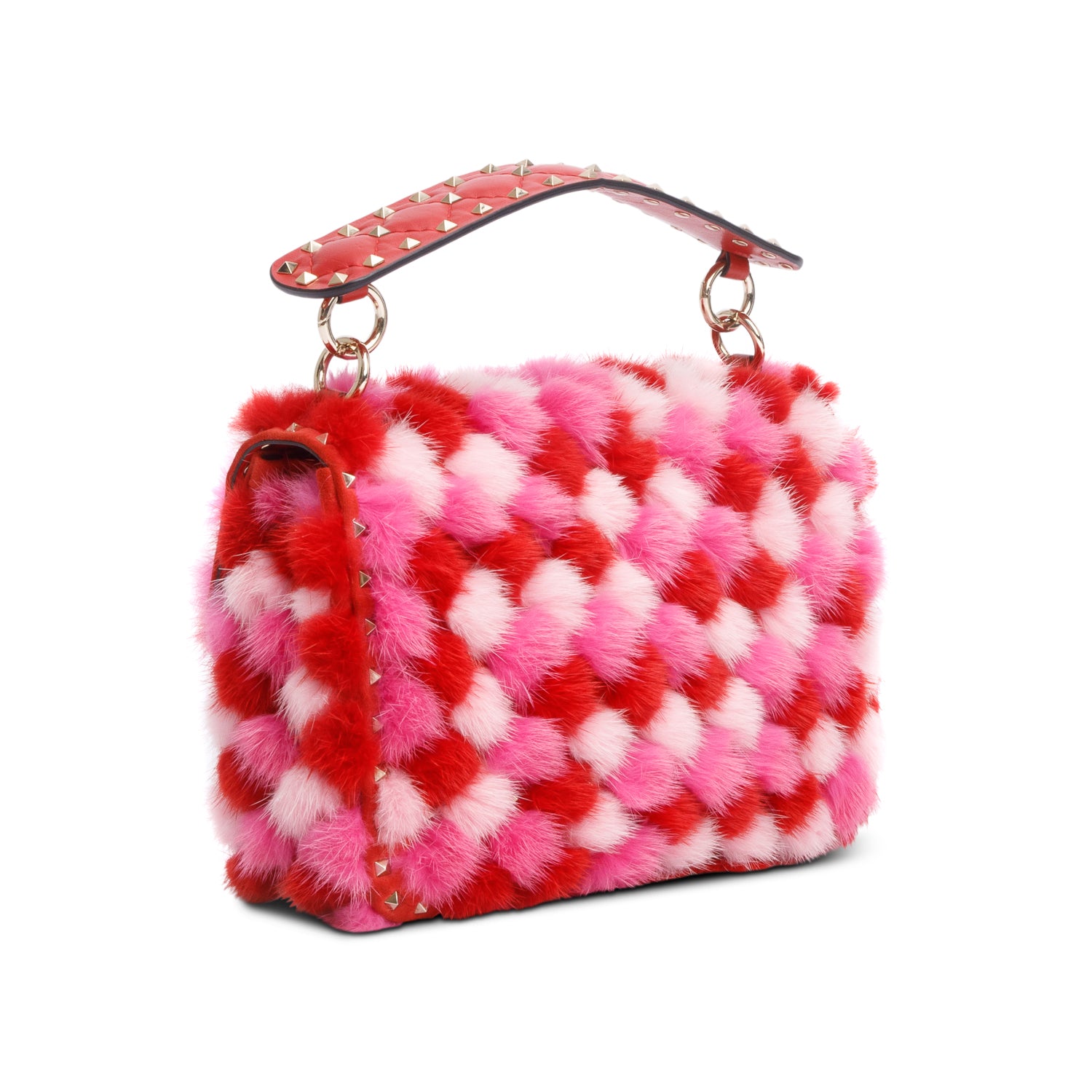Valentino Red/Pink Leather Mink Spike Rockstud Spike Flap Shoulder Bag w/ Strap