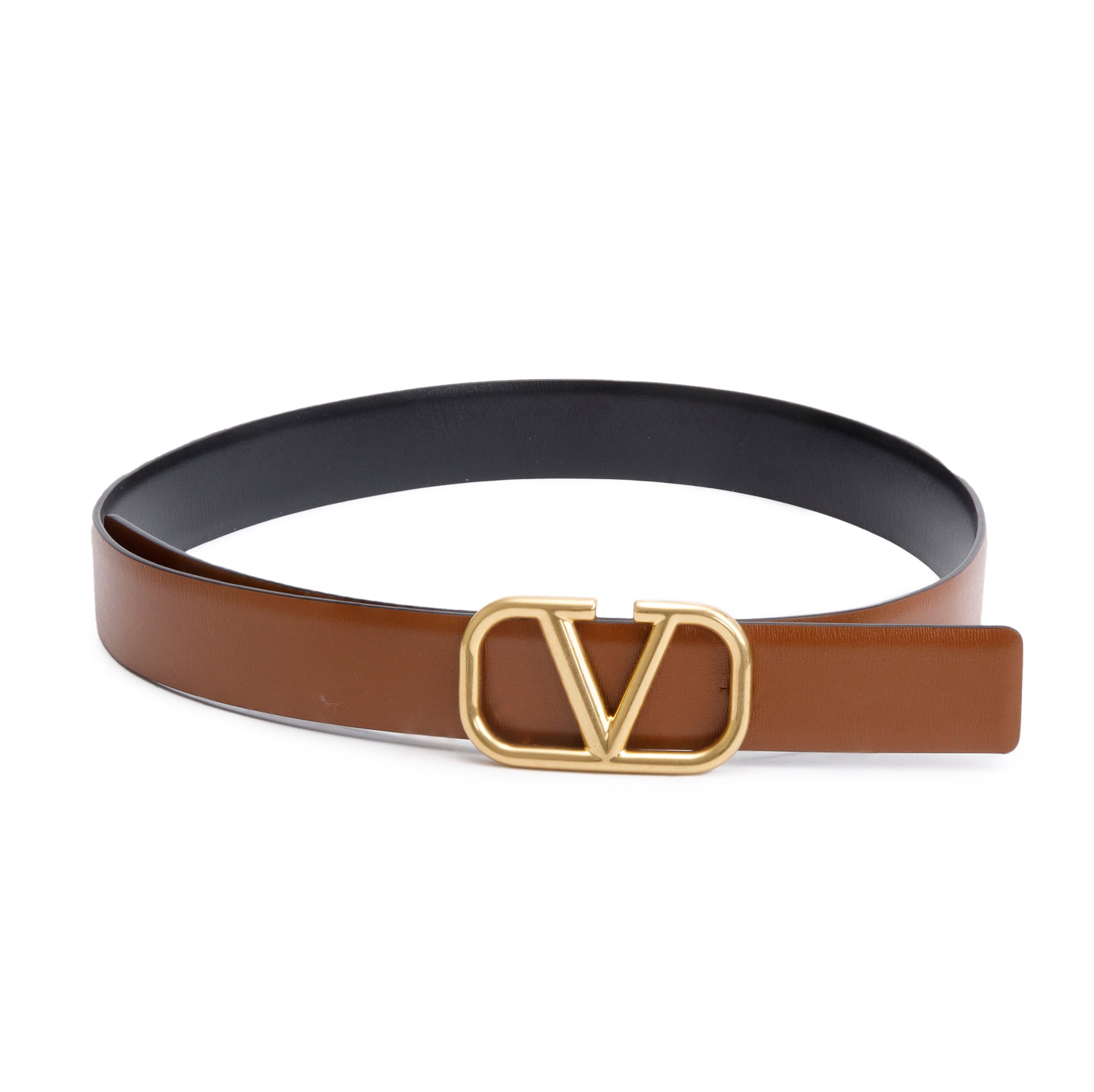 Valentino Saddle Brown/Black Calfskin Reversible Vlogo Signature 30 MM Leather Belt, 80 32