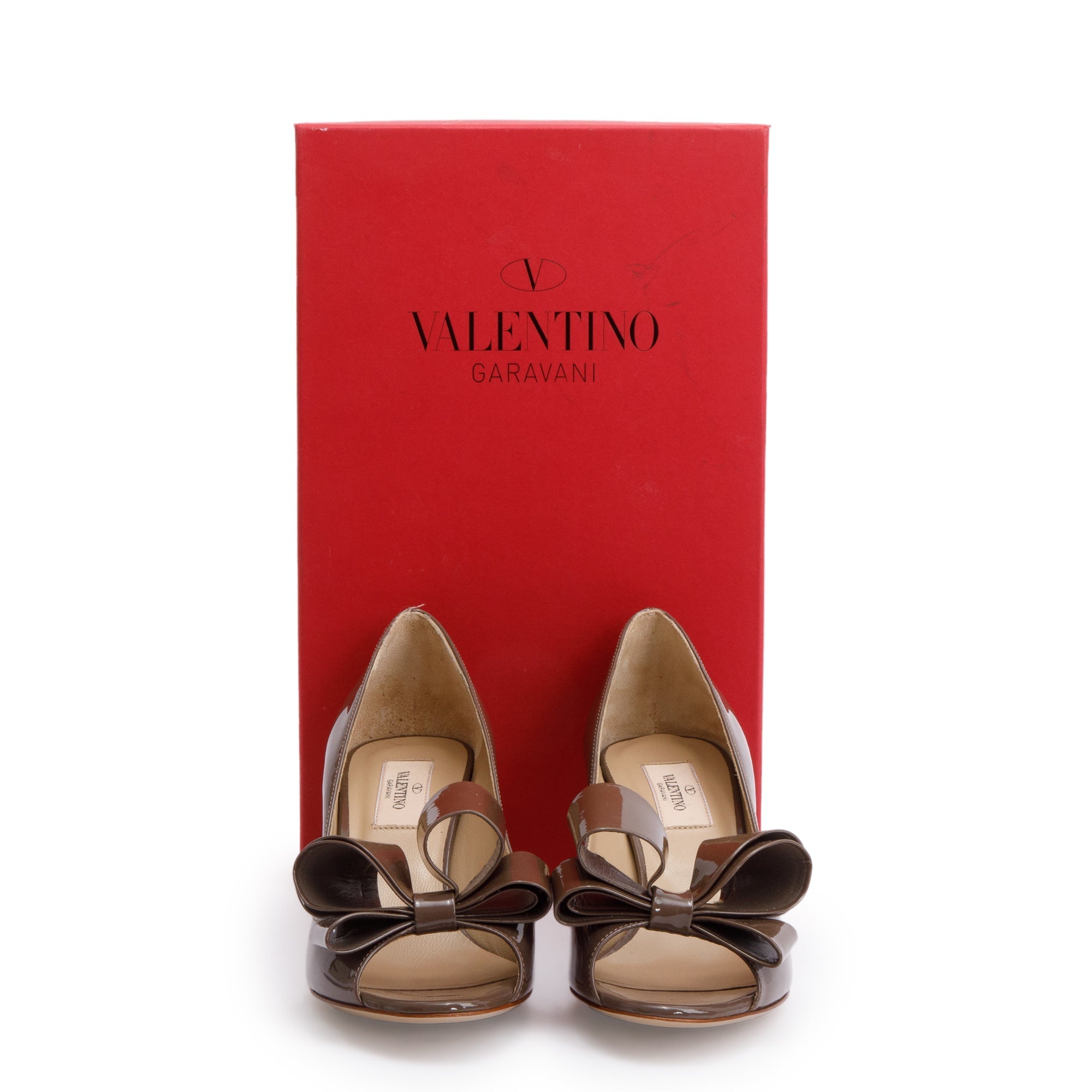 Valentino Taupe Patent Leather Couture Bow Peep Toe Pumps, Size 37.5 w/ Box
