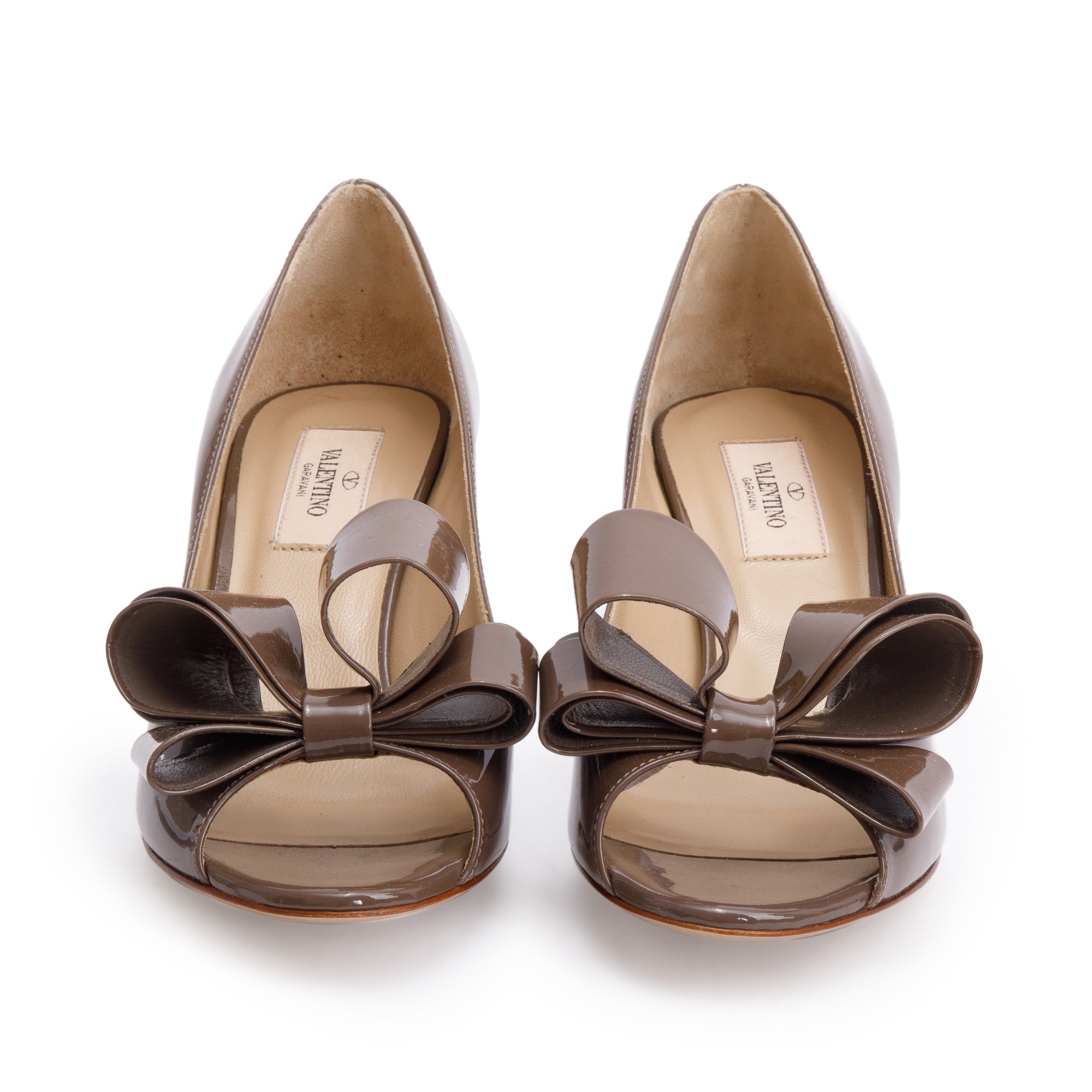 Valentino Taupe Patent Leather Couture Bow Peep Toe Pumps, Size 37.5 w/ Box