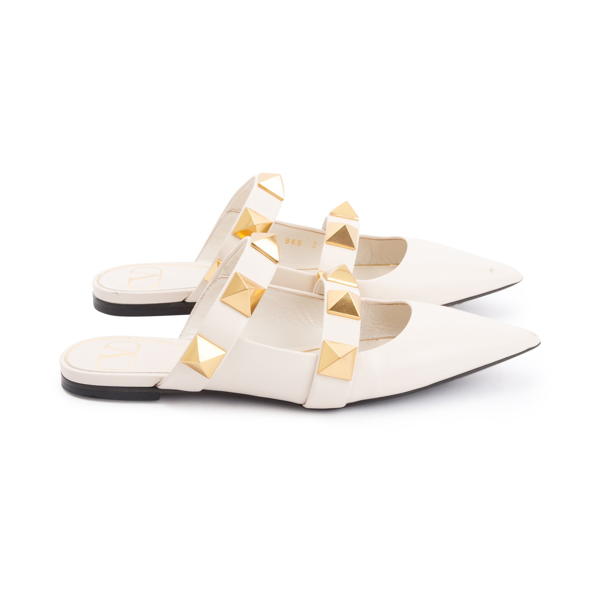 Valentino White Leather Roman Stud Flat Mule, Size 36 w/ Box