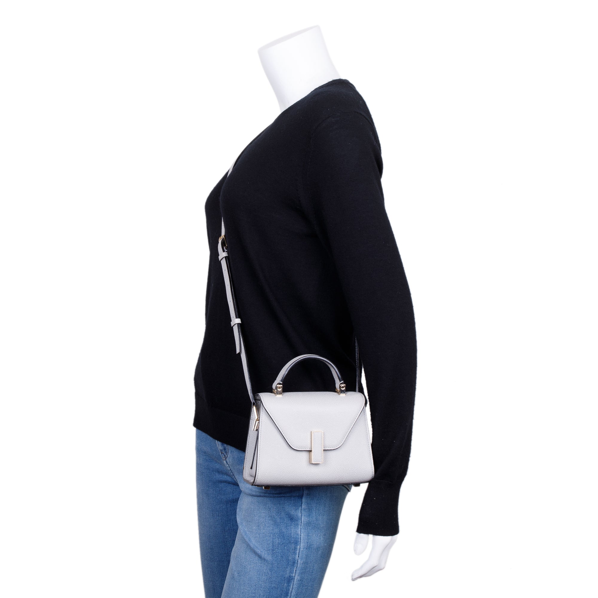 Valextra Grey Leather Iside Micro Top Handle Flap Bag w/ Strap