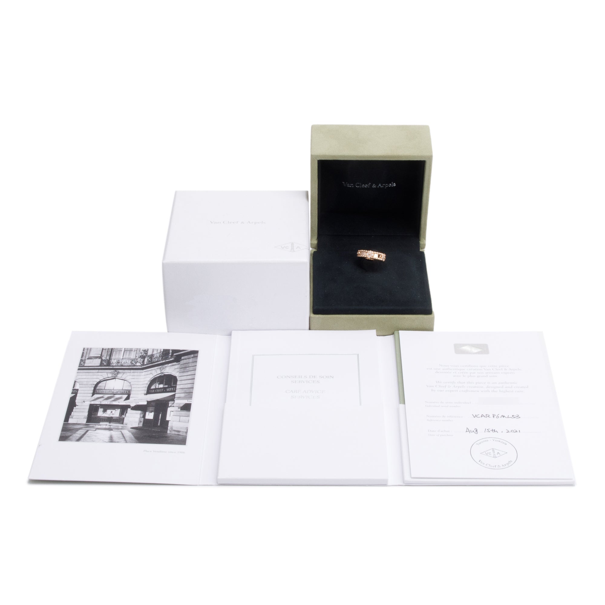 Van Cleef & Arpels 18k Rose Gold Diamond Perlee Sweet Clovers Ring, Size 53 6.5 w/ Box & Certificate