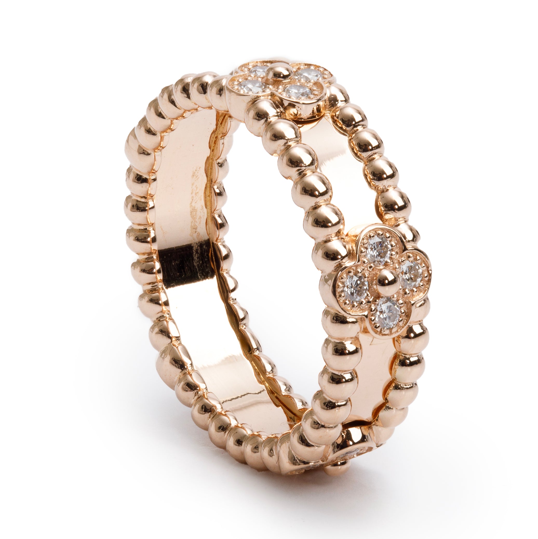 Van Cleef & Arpels 18k Rose Gold Diamond Perlee Sweet Clovers Ring, Size 53 6.5 w/ Box & Certificate