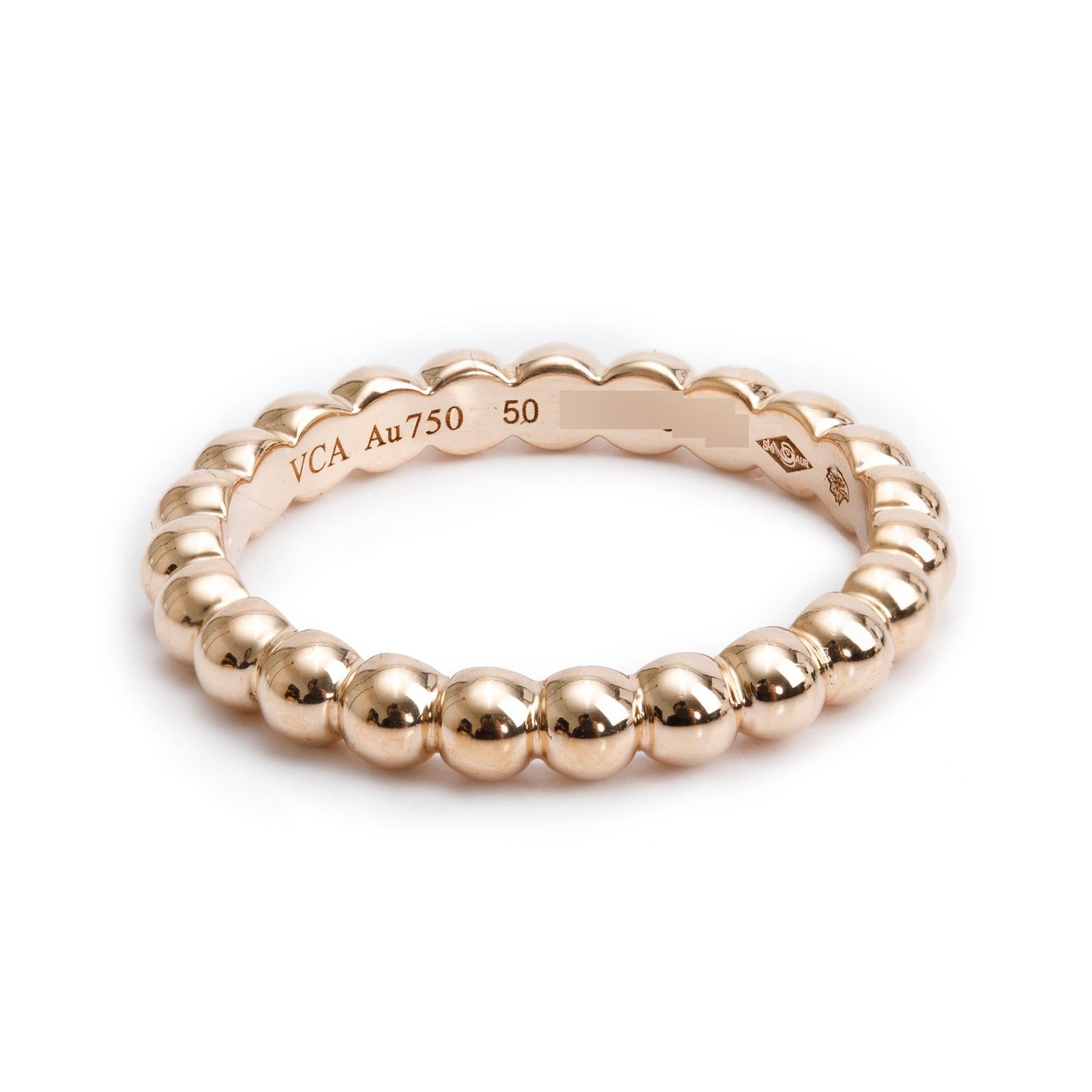 Van Cleef & Arpels 18k Rose Gold Perlee Pearls of Gold Ring, Medium Model Size 50 5.25 w/ Box, Certificate & Receipt (Copy)