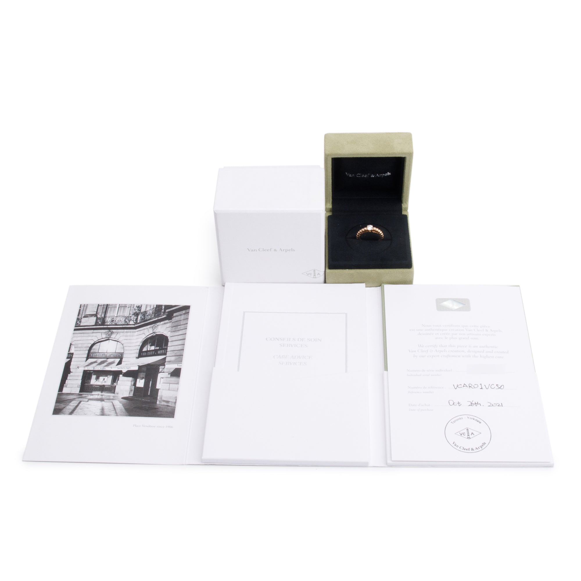Van Cleef & Arpels 18k Rose Gold Perlee Solitaire 0.30 ct. Diamond Ring, Size 50 5.25 w/ Box, Certificate & Receipt