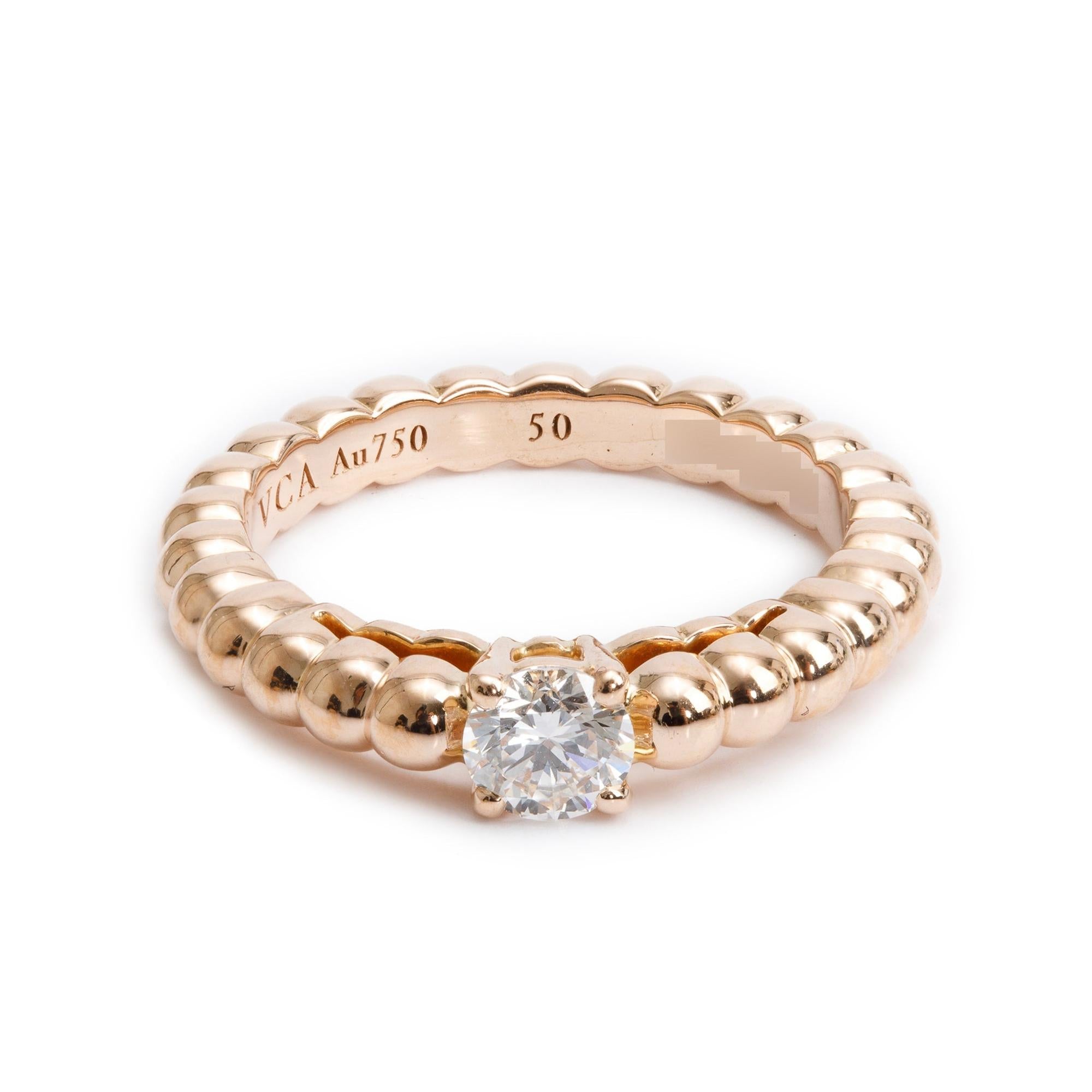 Van Cleef & Arpels 18k Rose Gold Perlee Solitaire 0.30 ct. Diamond Ring, Size 50 5.25 w/ Box, Certificate & Receipt
