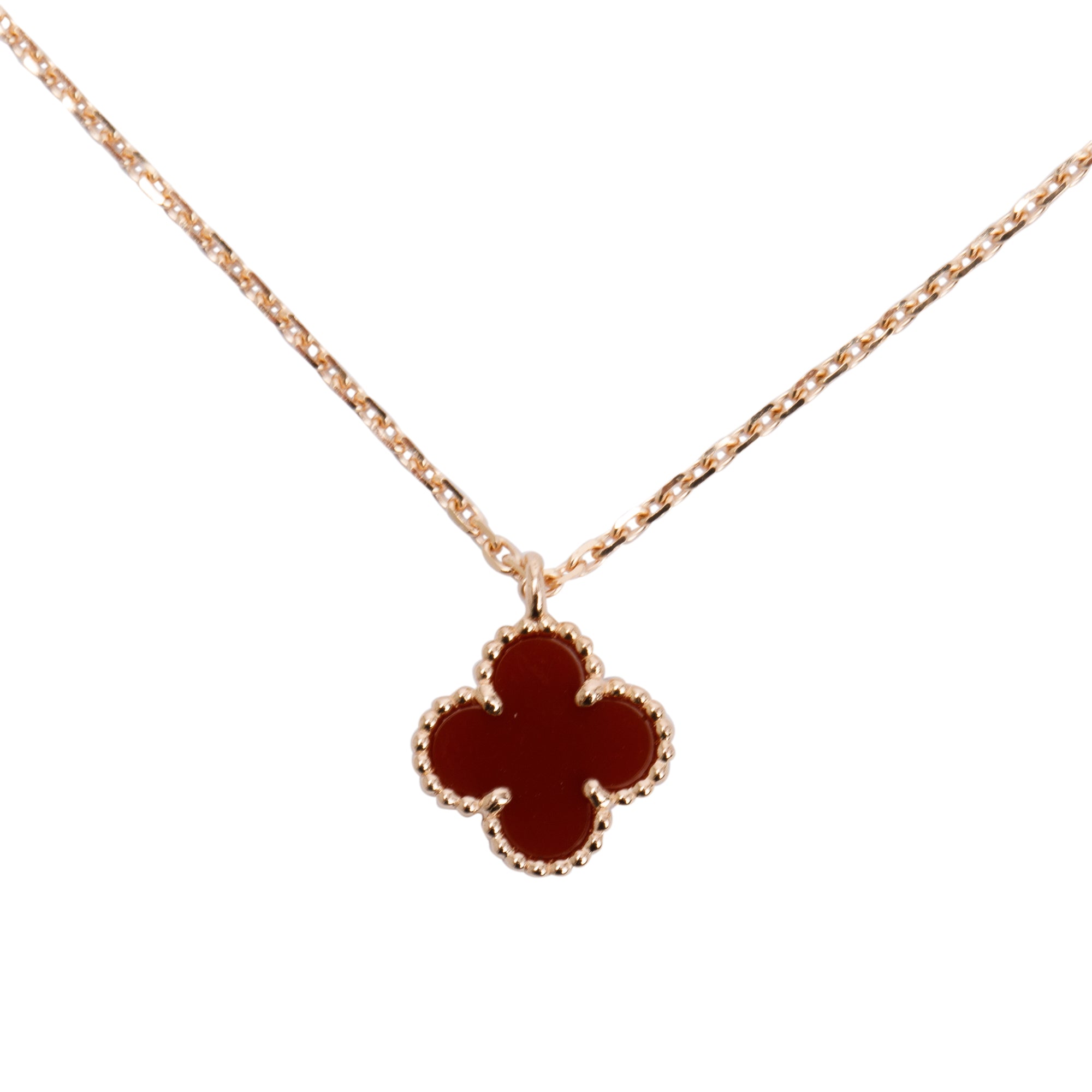 Van Cleef & Arpels 18k Rose Gold Sweet Alhambra Carnelian Pendant Necklace w/ Box, Receipt & Certificate