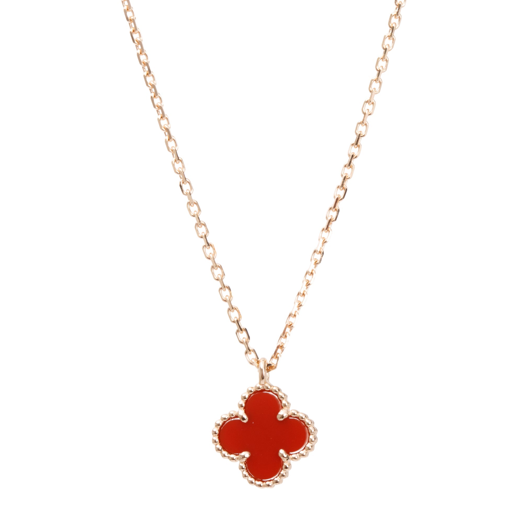 Van Cleef & Arpels 18k Rose Gold Sweet Alhambra Carnelian Pendant Necklace w/ Box, Receipt & Certificate