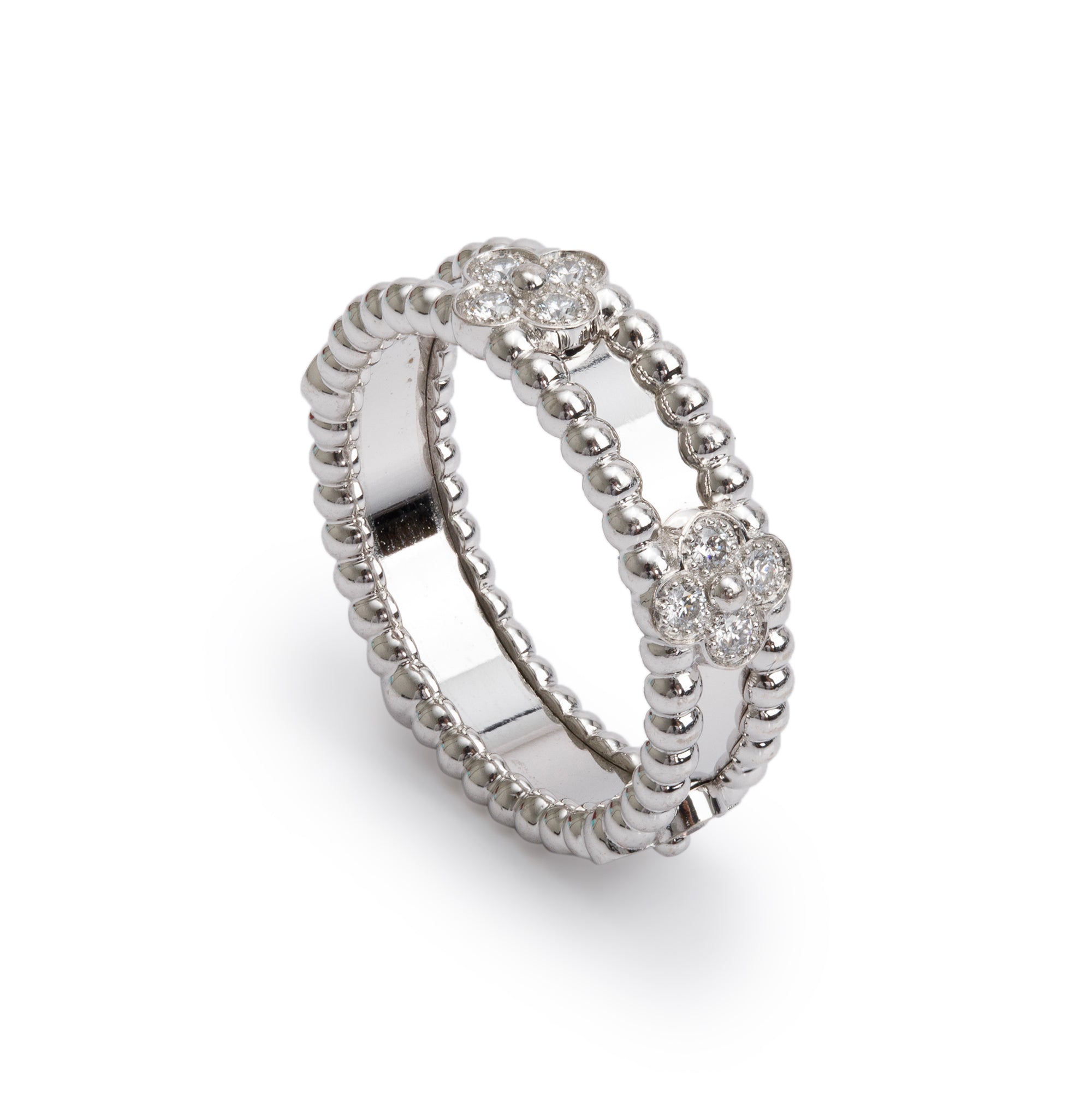 Van Cleef & Arpels 18k White Gold & Diamond Perlee Sweet Clovers Ring, Size 56 7.75
