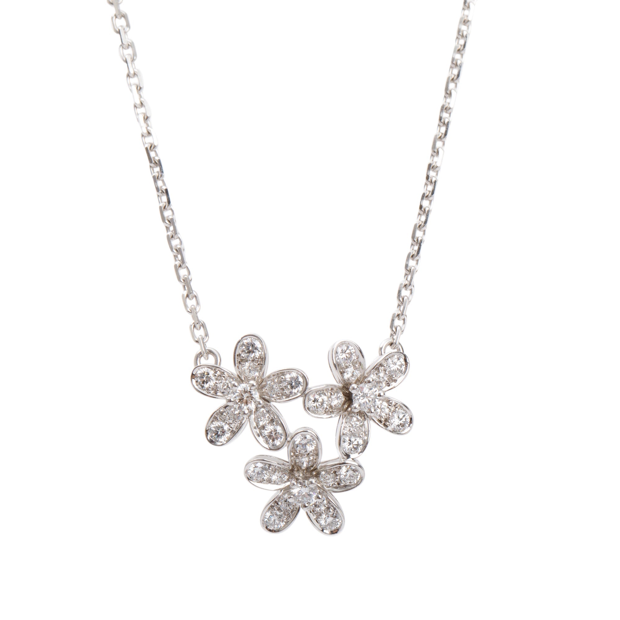 Van Cleef & Arpels 18k White Gold Diamond Socrate 3 Flower Pendant Necklace w/ Box & Certificate