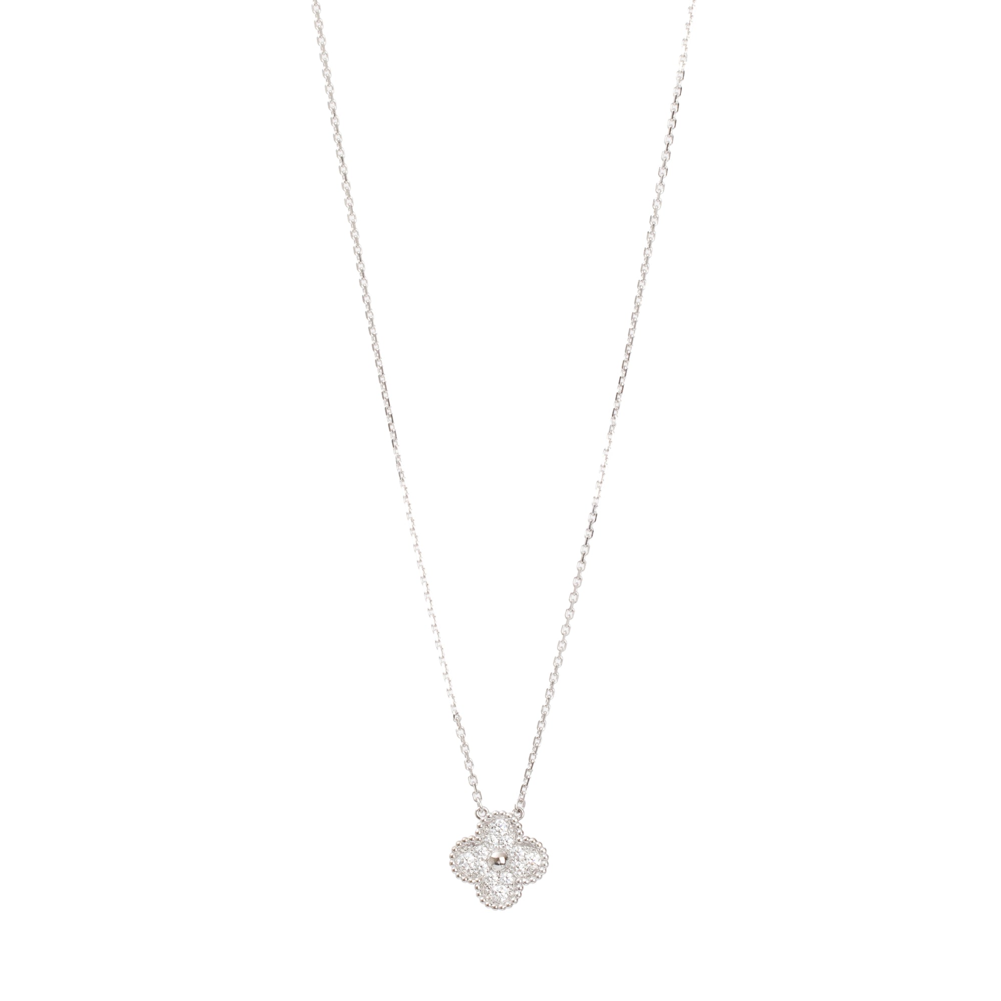 Van Cleef & Arpels 18k White Gold Diamond Vintage Alhambra Pendant Necklace w/ Box