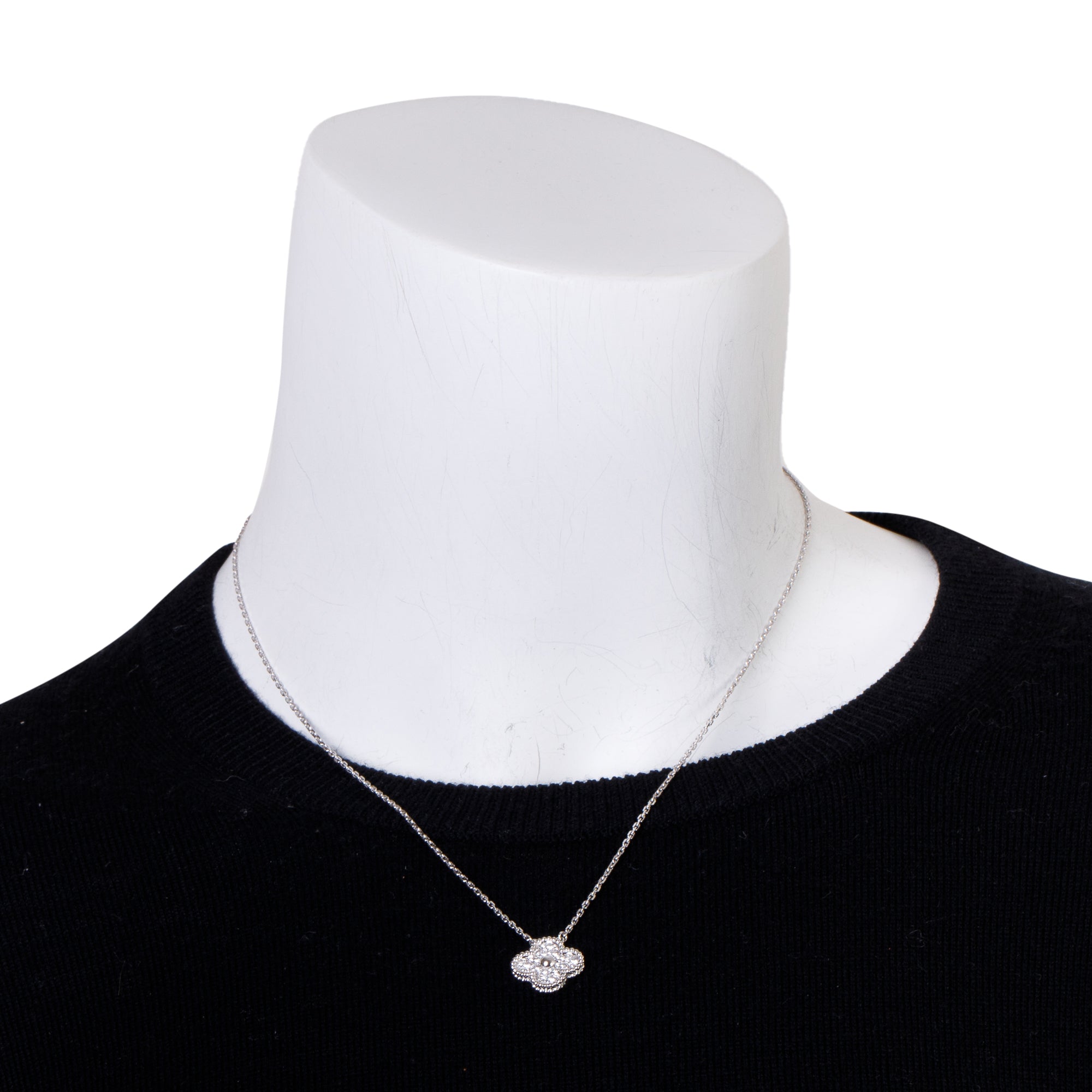Van Cleef & Arpels 18k White Gold Diamond Vintage Alhambra Pendant Necklace w/ Box & Certificate