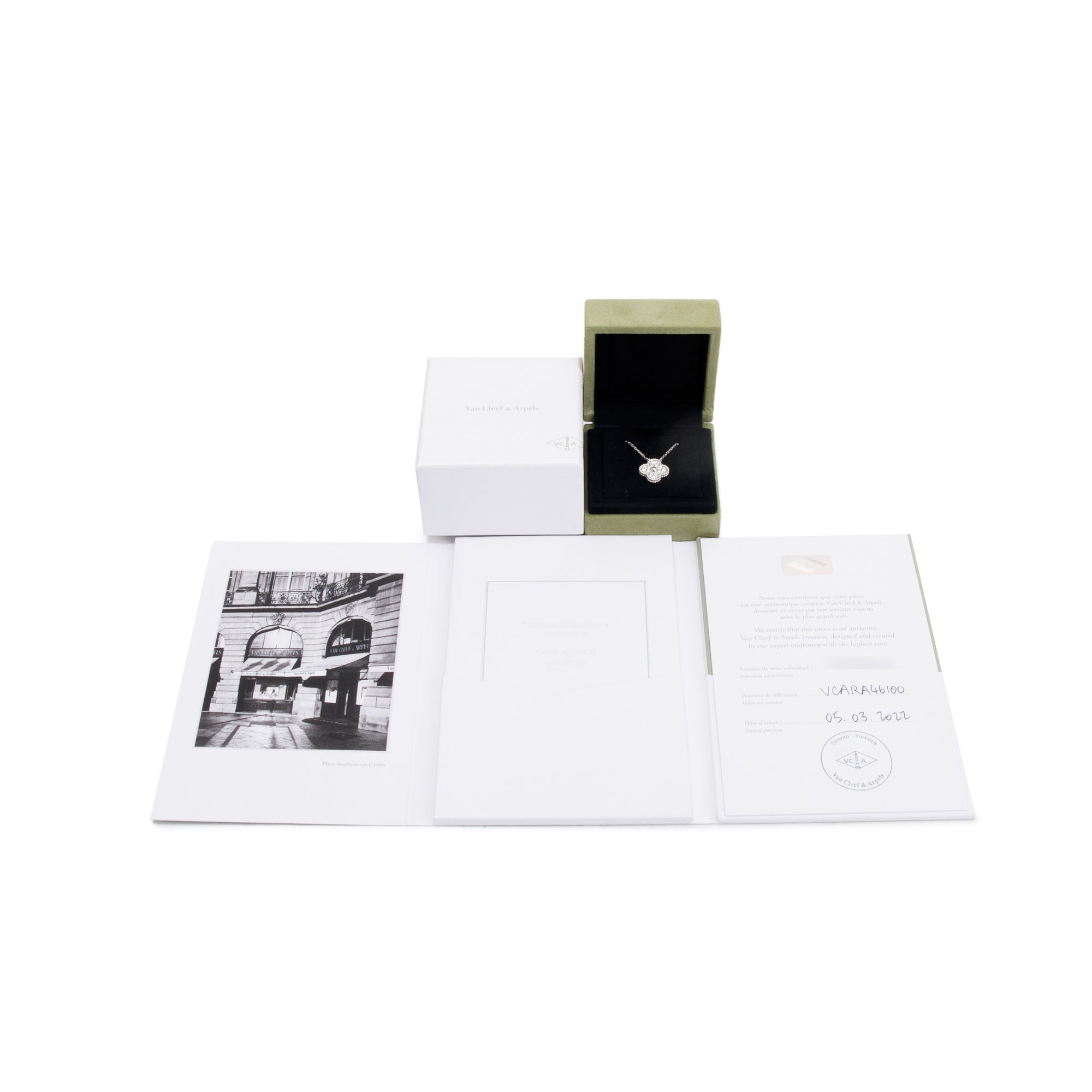 Van Cleef & Arpels 18k White Gold Diamond Vintage Alhambra Pendant Necklace w/ Box & Certificate