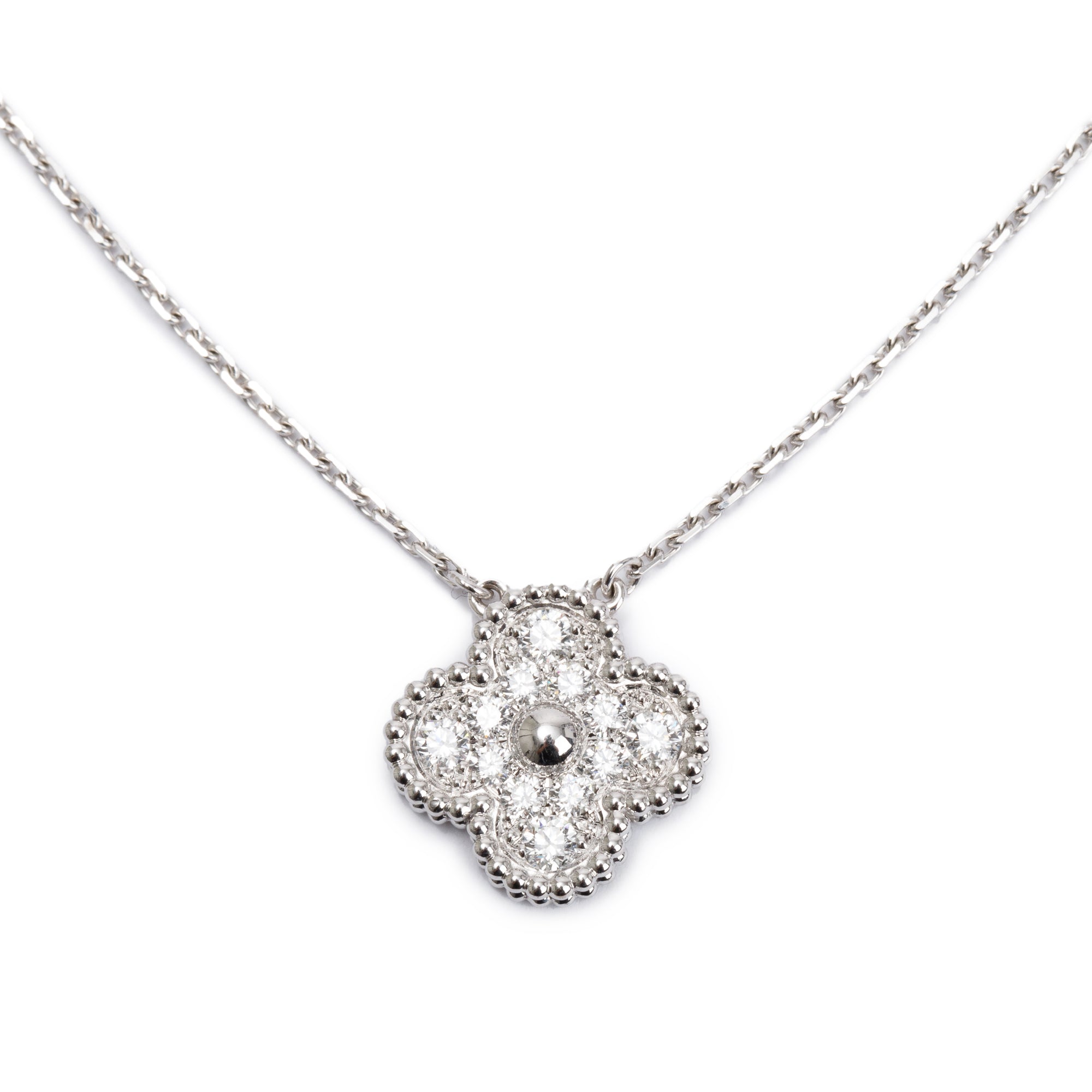 Van Cleef & Arpels 18k White Gold Diamond Vintage Alhambra Pendant Necklace w/ Box & Certificate