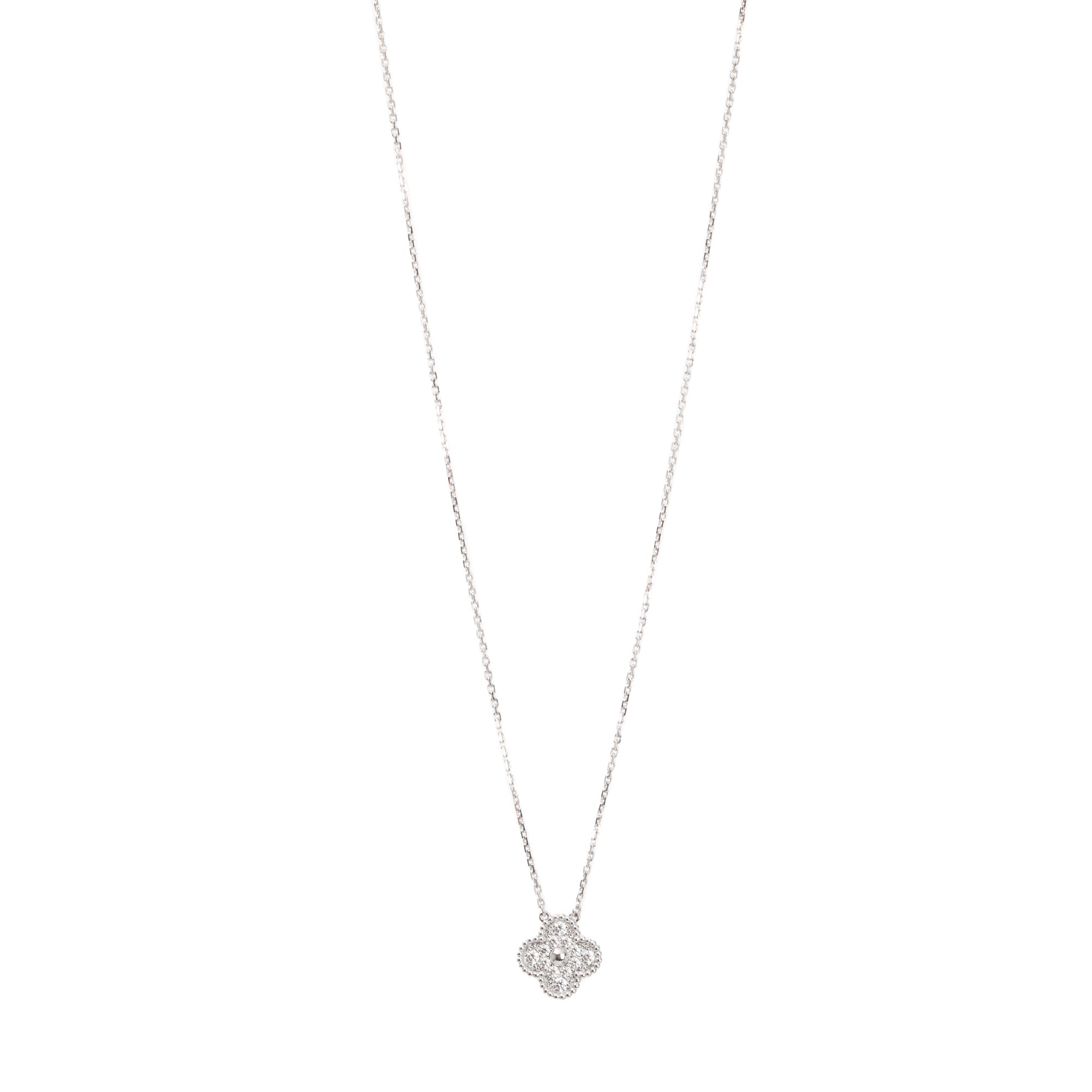Van Cleef & Arpels 18k White Gold Diamond Vintage Alhambra Pendant Necklace w/ Box & Certificate