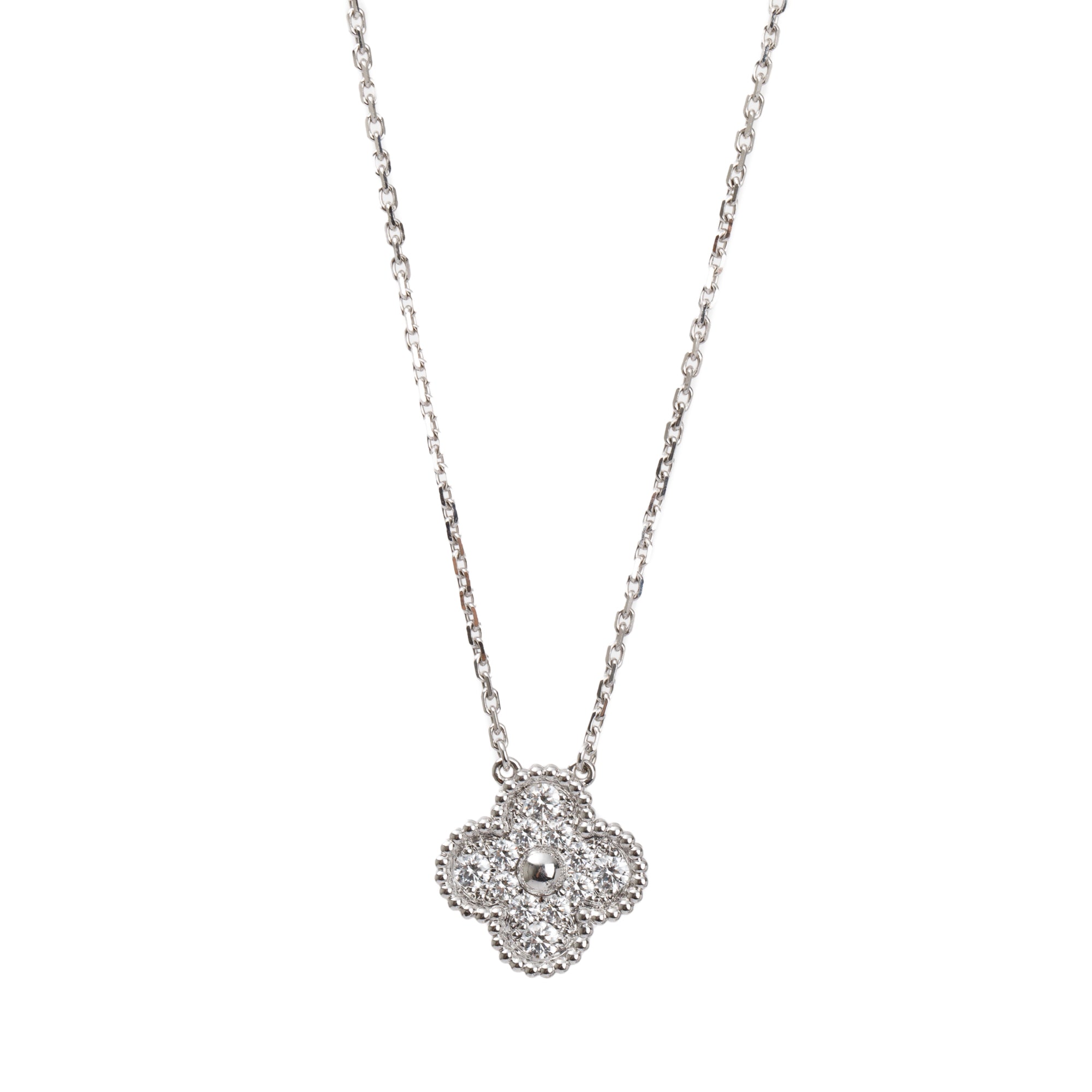 Van Cleef & Arpels 18k White Gold Diamond Vintage Alhambra Pendant Necklace w/ Box & Certificate