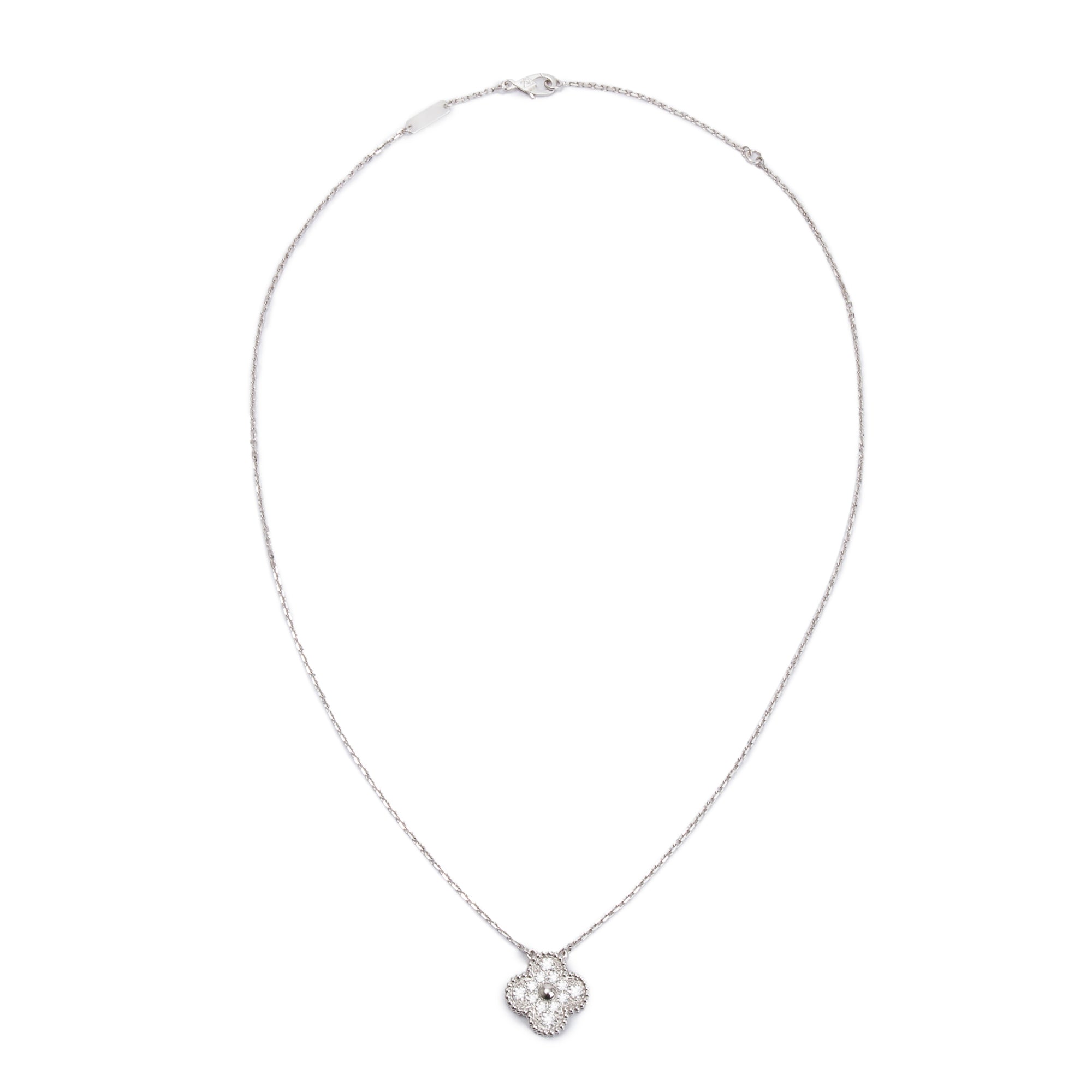 Van Cleef & Arpels 18k White Gold Diamond Vintage Alhambra Pendant Necklace w/ Box & Certificate