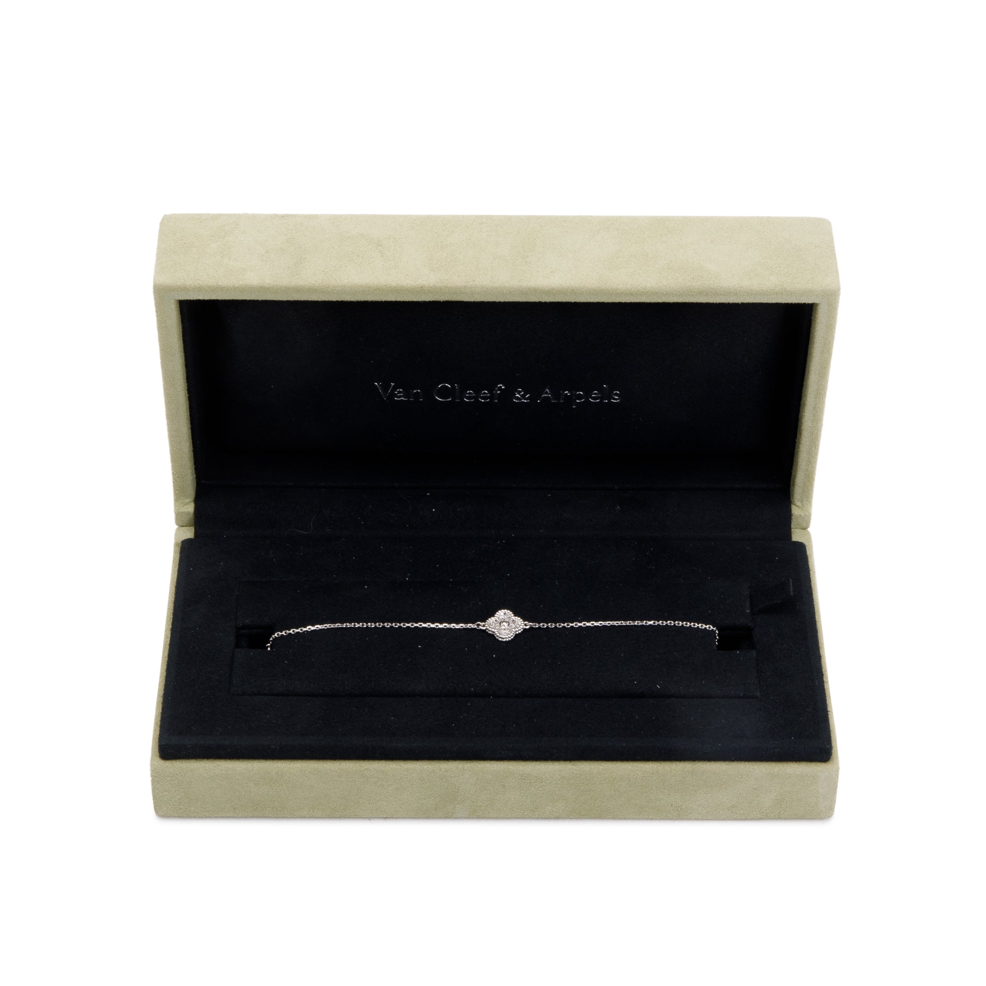 Van Cleef & Arpels 18k White Gold Sweet Alhambra 1 Motif Diamond Bracelet w/ Box