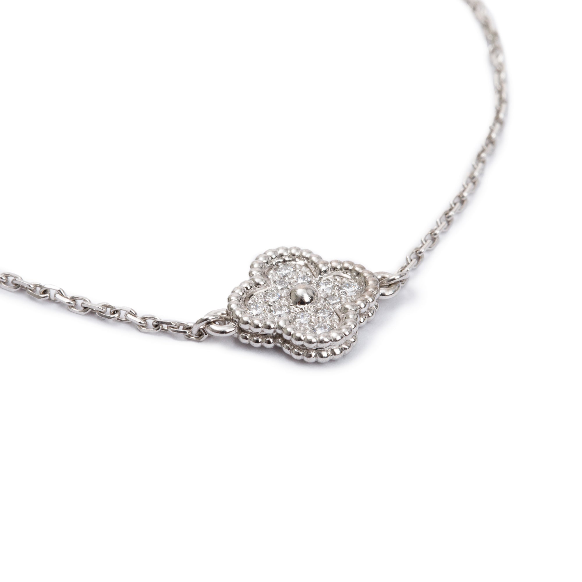 Van Cleef & Arpels 18k White Gold Sweet Alhambra 1 Motif Diamond Bracelet w/ Box