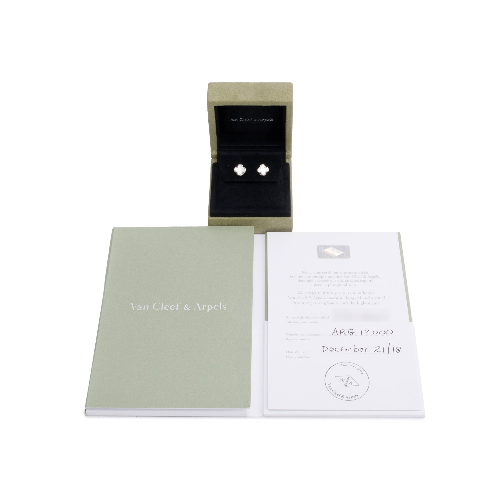 Van Cleef & Arpels 18k White Gold Sweet Alhambra Mother Of Pearl Stud Earrings w/ Box & Certificate