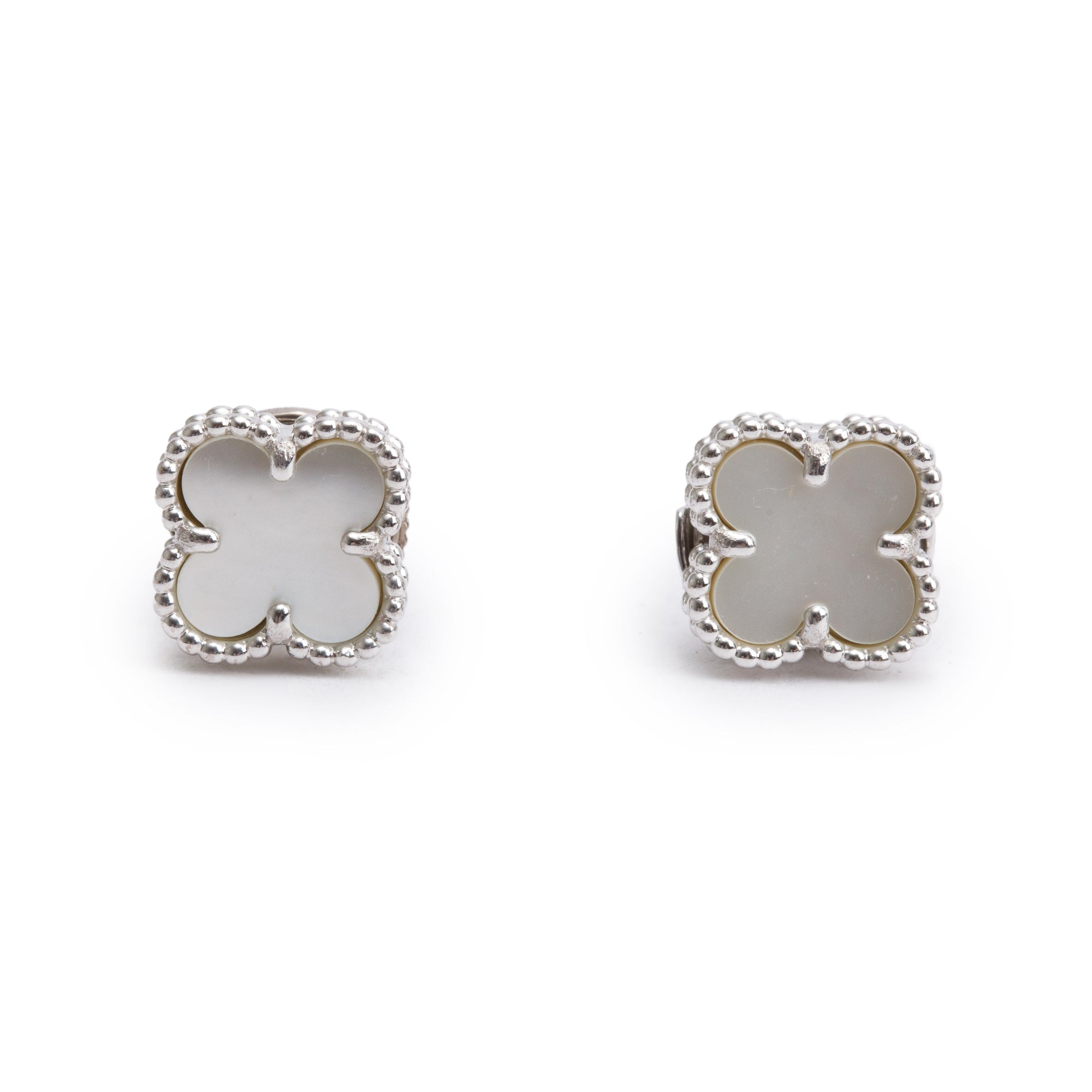 Van Cleef & Arpels 18k White Gold Sweet Alhambra Mother Of Pearl Stud Earrings w/ Box & Certificate