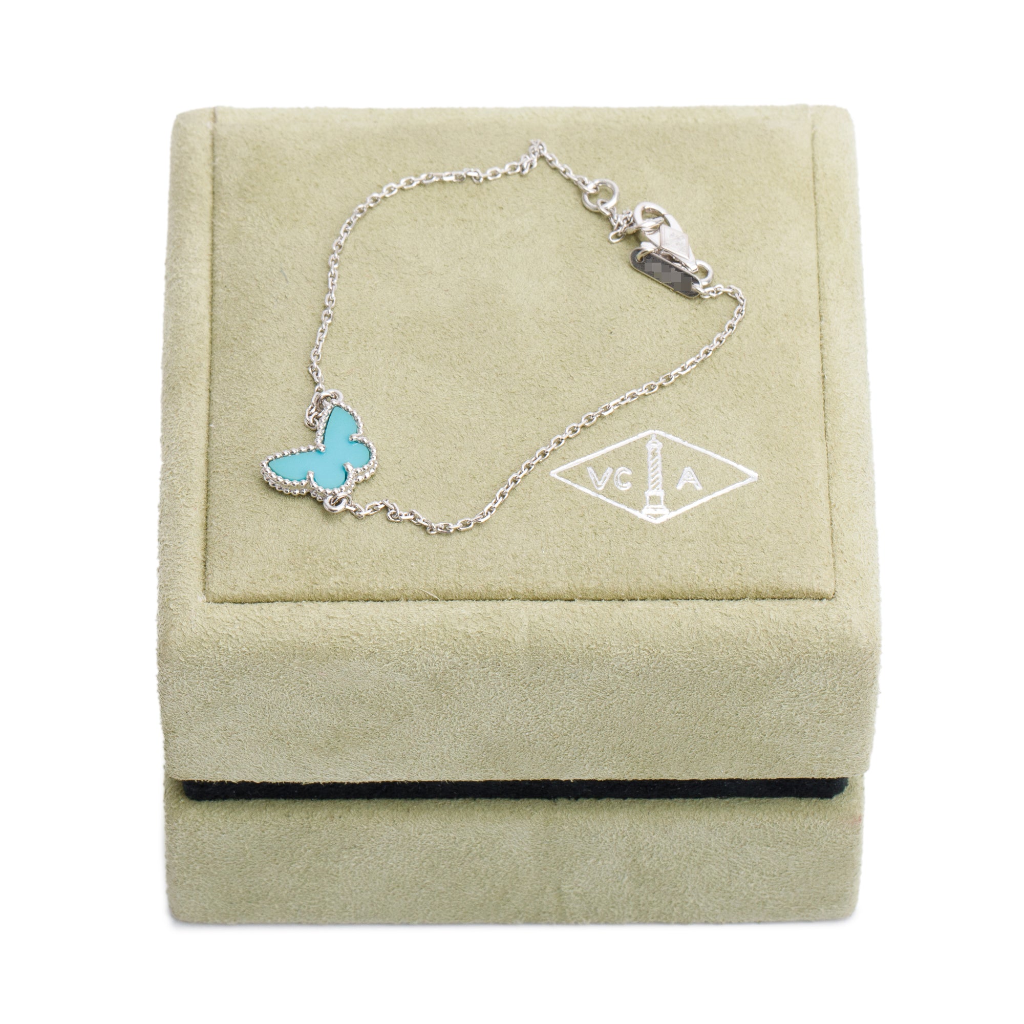 Van Cleef & Arpels 18k White Gold Sweet Alhambra Turquoise Butterflies Bracelet w/ Box