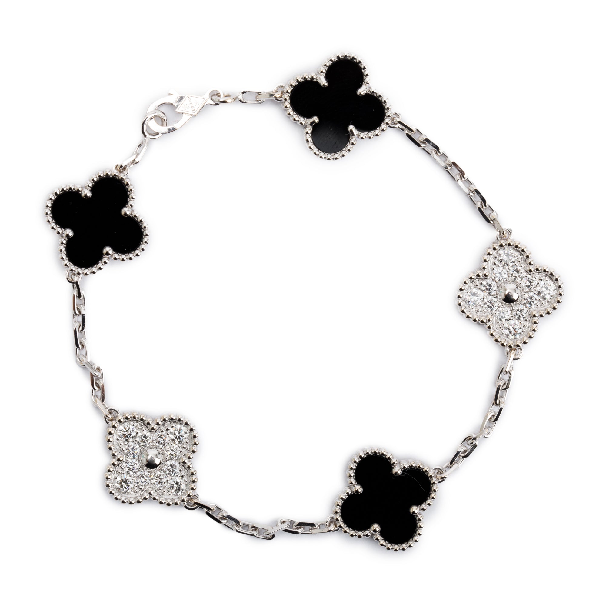 Van Cleef & Arpels 18k White Gold Vintage Alhambra 5 Motif Black Onyx & Diamond Bracelet w/ Box & Certificate