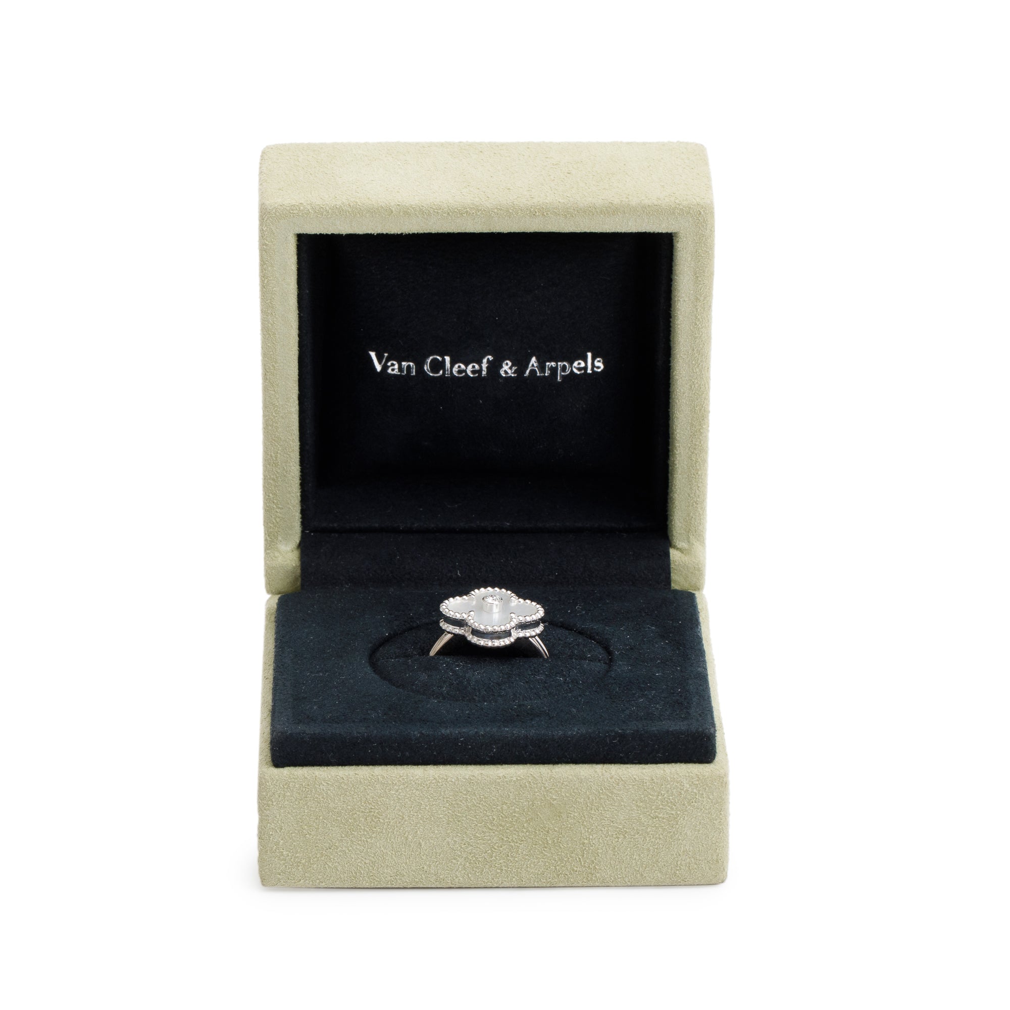 Van Cleef & Arpels 18k White Gold Vintage Alhambra Mother of Pearl & Diamond Ring, Size 49 5 w/ Box & Receipt