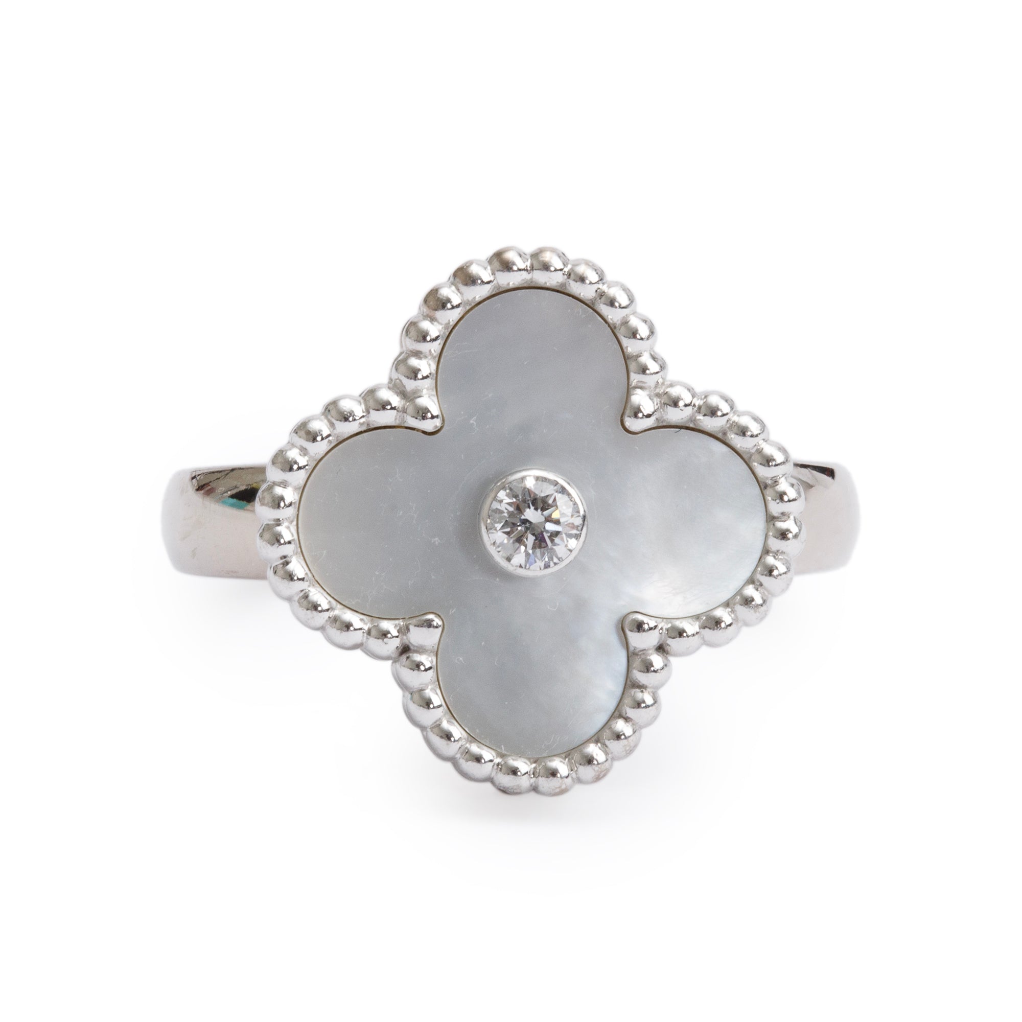 Van Cleef & Arpels 18k White Gold Vintage Alhambra Mother of Pearl & Diamond Ring, Size 49 5 w/ Box & Receipt