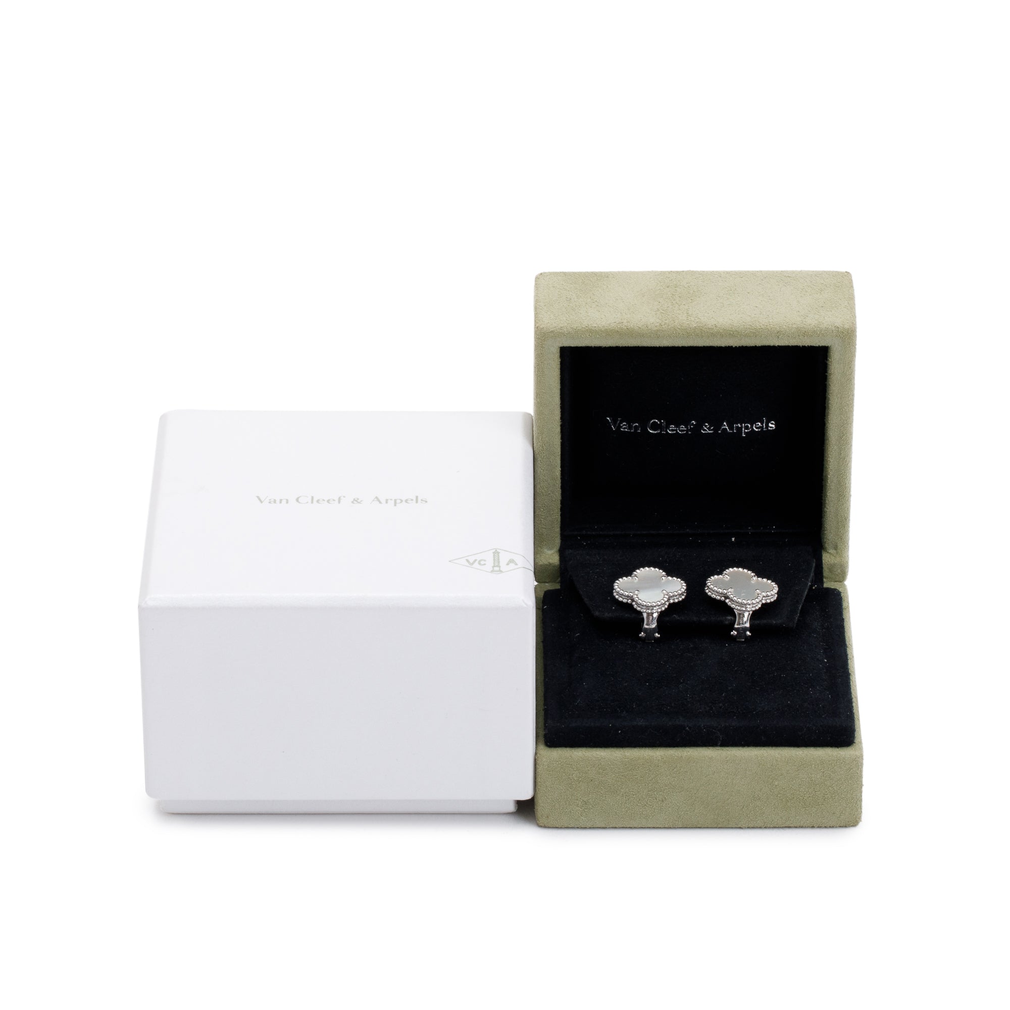 Van Cleef & Arpels 18k White Gold Vintage Alhambra Mother of Pearl Stud Earrings w/ Box