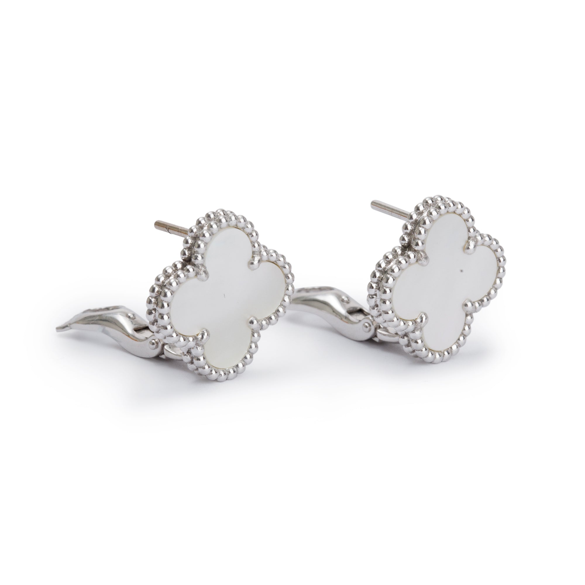 Van Cleef & Arpels 18k White Gold Vintage Alhambra Mother of Pearl Stud Earrings w/ Box