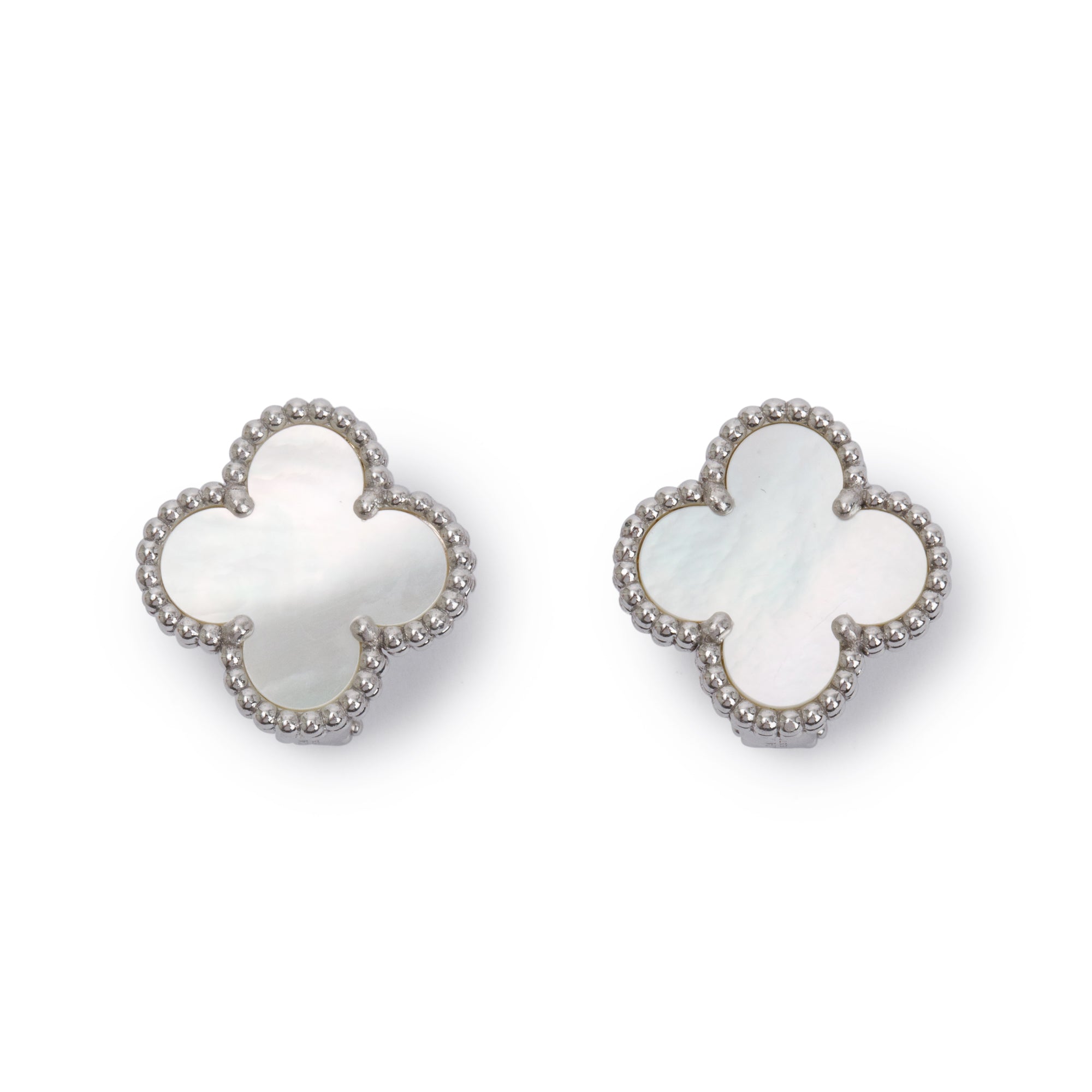 Van Cleef & Arpels 18k White Gold Vintage Alhambra Mother of Pearl Stud Earrings w/ Box