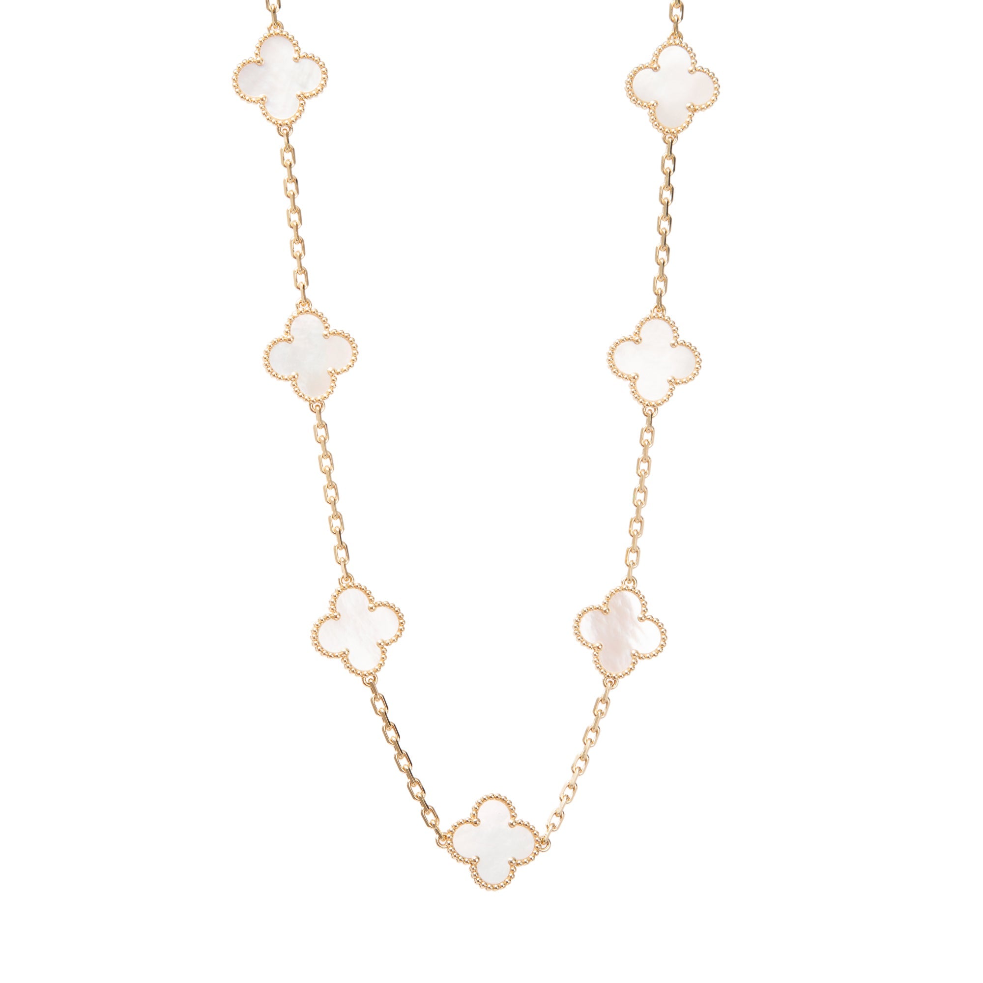Van Cleef & Arpels 18k Yellow Gold 10 Motifs Mother of Pearl Vintage Alhambra Necklace w/ Box & Certificate