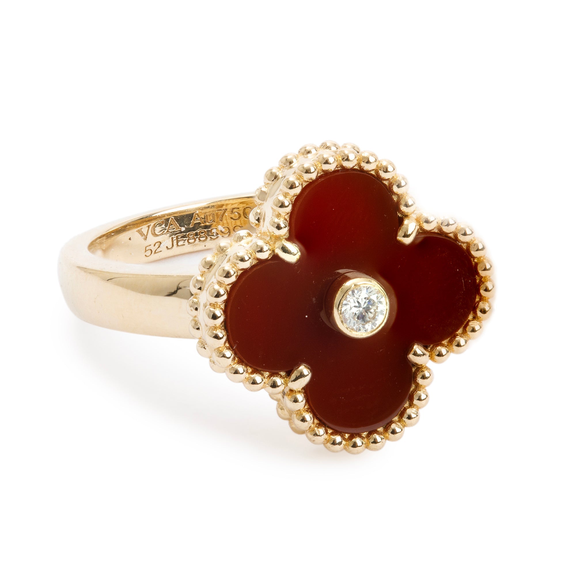 Van Cleef & Arpels 18k Yellow Gold Carnelian & Diamond Vintage Alhambra Ring, Size 52 5.5
