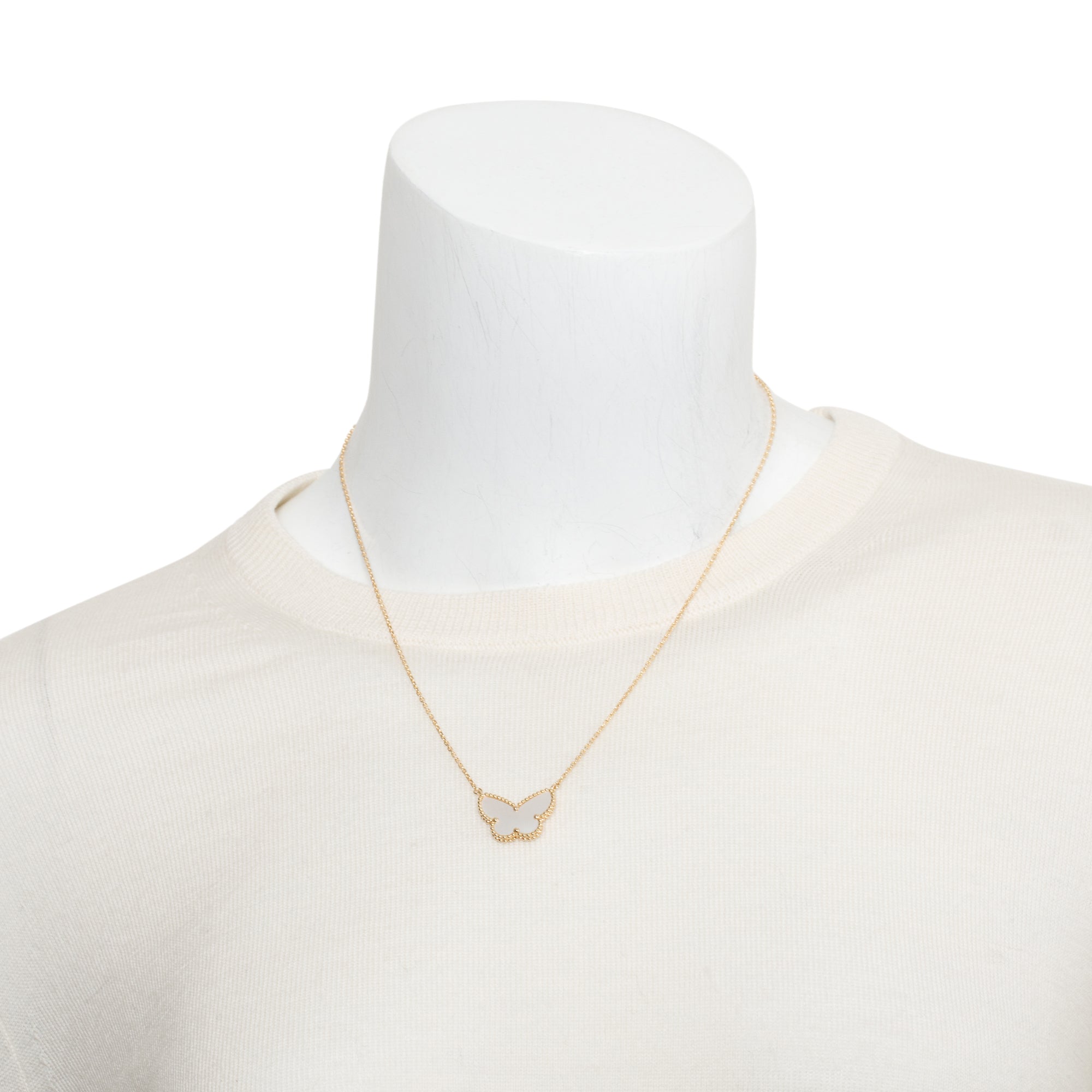 Van Cleef & Arpels 18k Yellow Gold Lucky Alhambra Butterfly Mother of Pearl Pendant Necklace w/ Box