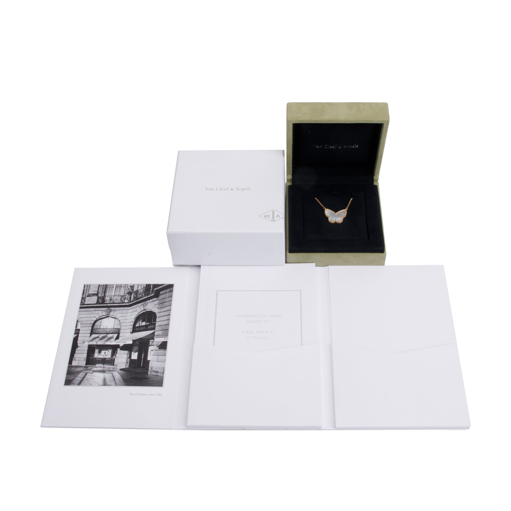 Van Cleef & Arpels 18k Yellow Gold Lucky Alhambra Butterfly Mother of Pearl Pendant Necklace w/ Box