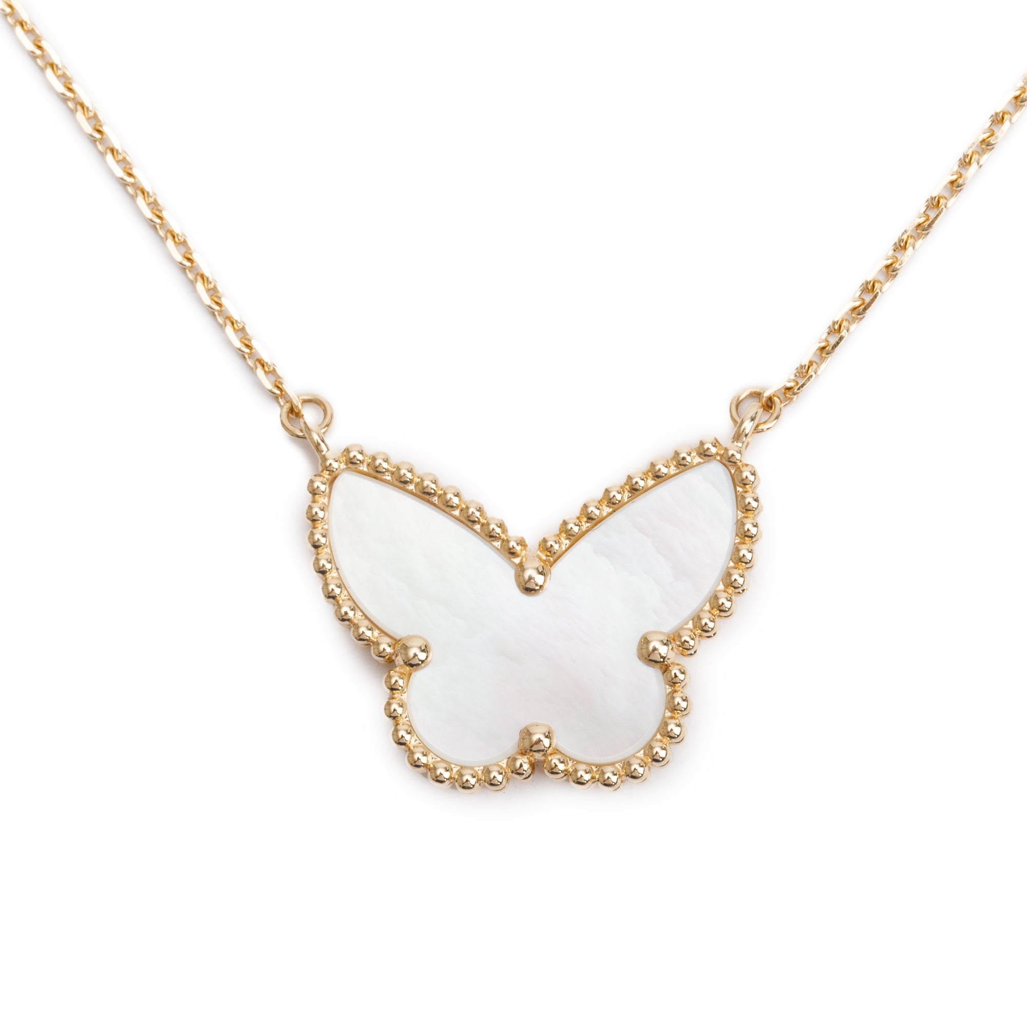 Van Cleef & Arpels 18k Yellow Gold Lucky Alhambra Butterfly Mother of Pearl Pendant Necklace w/ Box